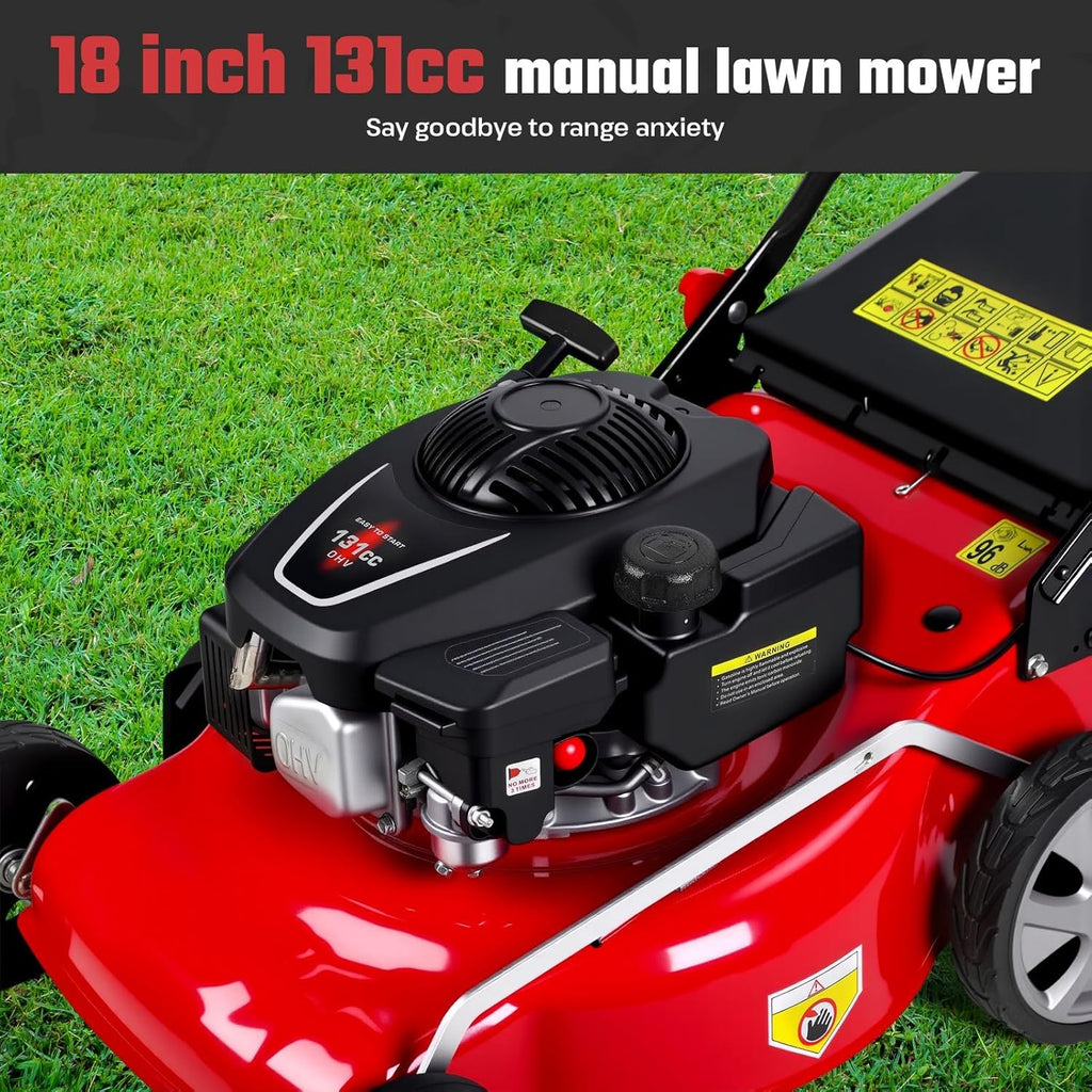 18' Gas Push Lawn Mower with 131cc Engine, 3 in 1 Mulching and Side Discharge, Rear-Wheel Drive, Self-Propelled Cordless Lawn Mower for Garden Yard Red