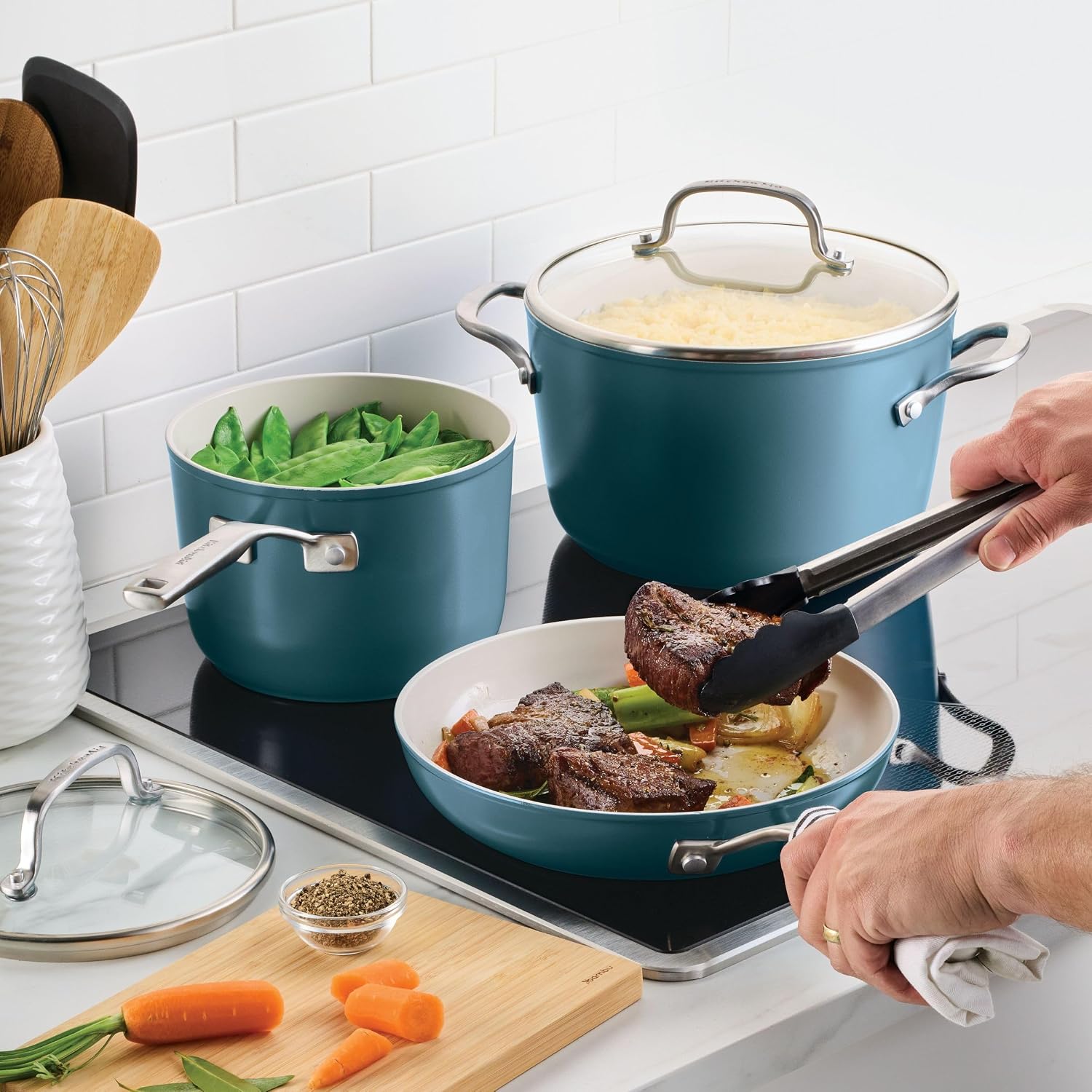 KitchenAid Hard Anodized Ceramic Induction Nonstick Pots and Pans Set with Saucepans, Frying Pans, Stockpot, and Lids, Dishwasher Safe, 9 Piece Cookware Set with Stainless Steel Handles - Agave Blue