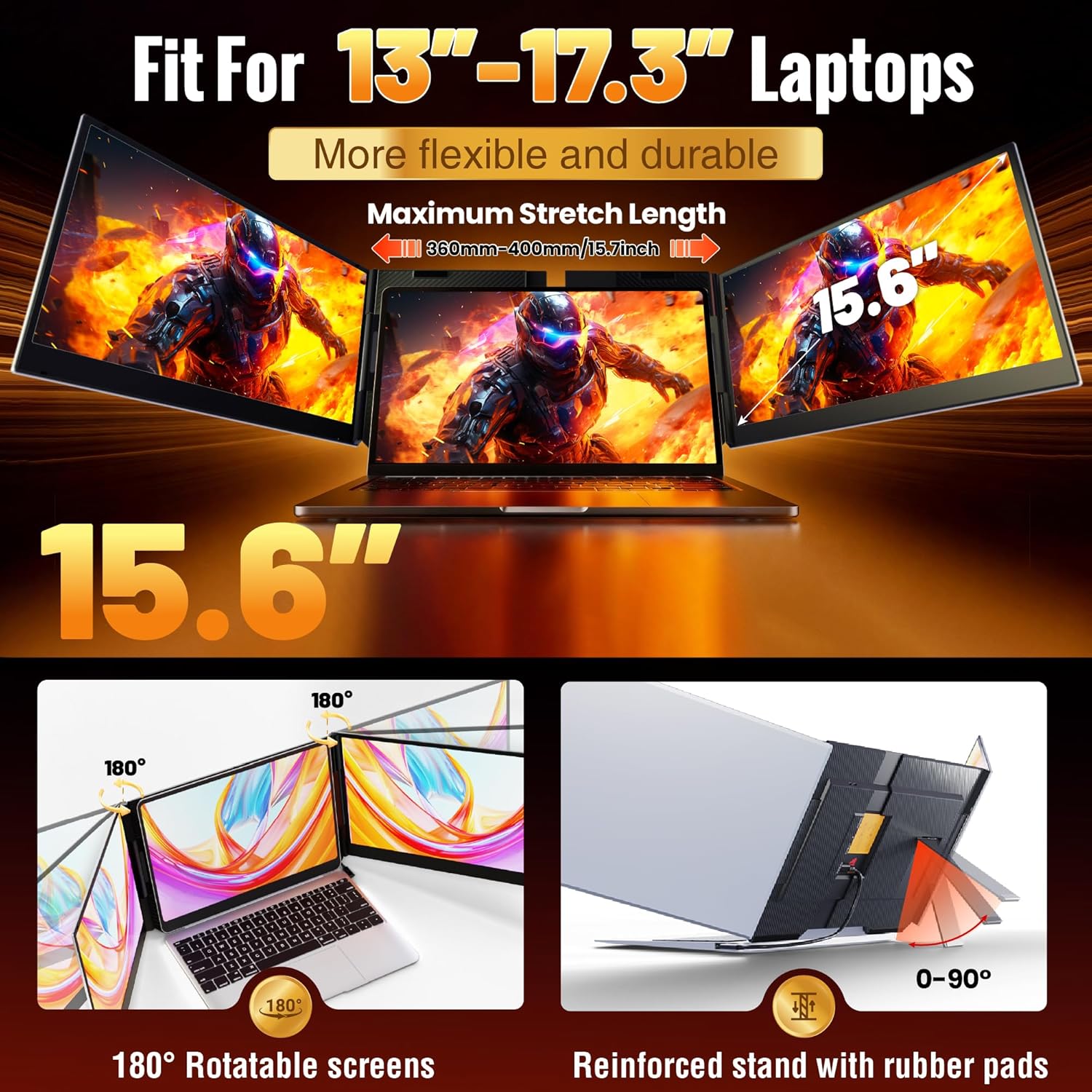 2026 New One Cable Connection Laptop Screen Extender Monitor Portable, Ultra Thin 15.6' 1080P FHD Triple Screen,Fit for 13-17' Laptop, Plug & Play Compatiable with Win/Mac/Chrome/Android