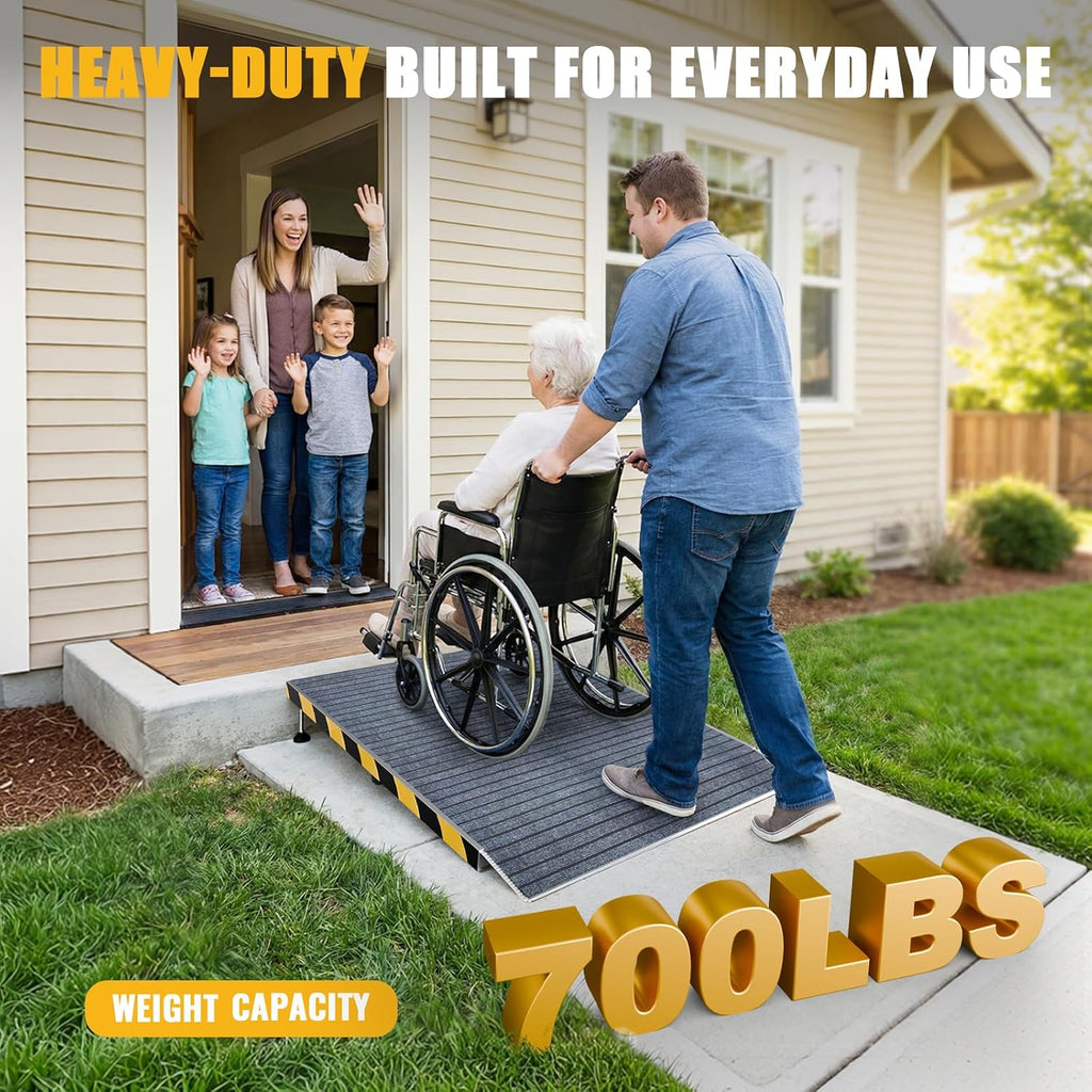 Aluminum Threshold Ramp for Doorways, Adjustable 3.34' to 5.3' Rise, 48' Portable Wheelchair Walker Ramp for Home with Adjustable Leveling Feet and Non-Slip Door Mat, for Steps, Curbs and Entryways