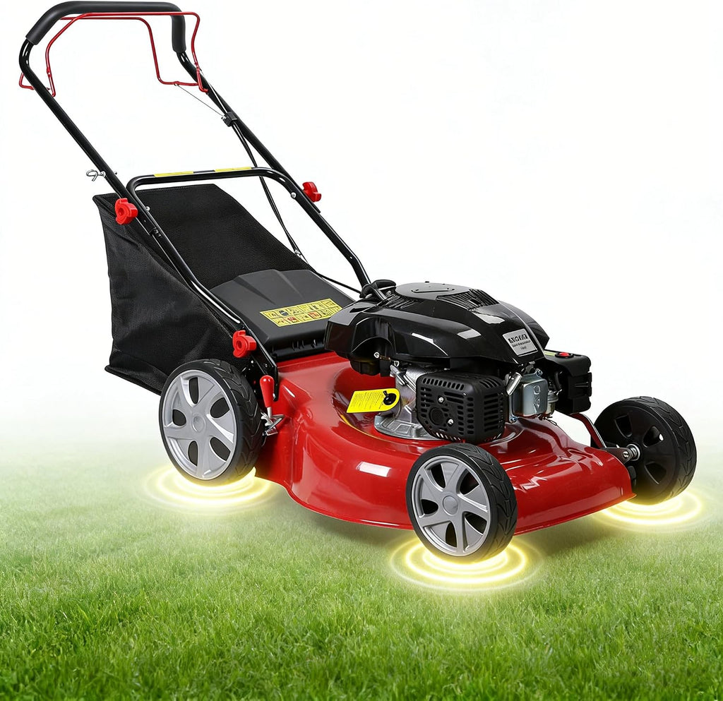 3 in 1 Self-Propelled Gas Lawn Mower with 141cc Engine,20 Inch Cutting Deck&50L Grass Bag-Push Walk-Behind Mower with Big Wheels,8-Level Height Adjustment,and Foldable Design for Effortless Lawn Care