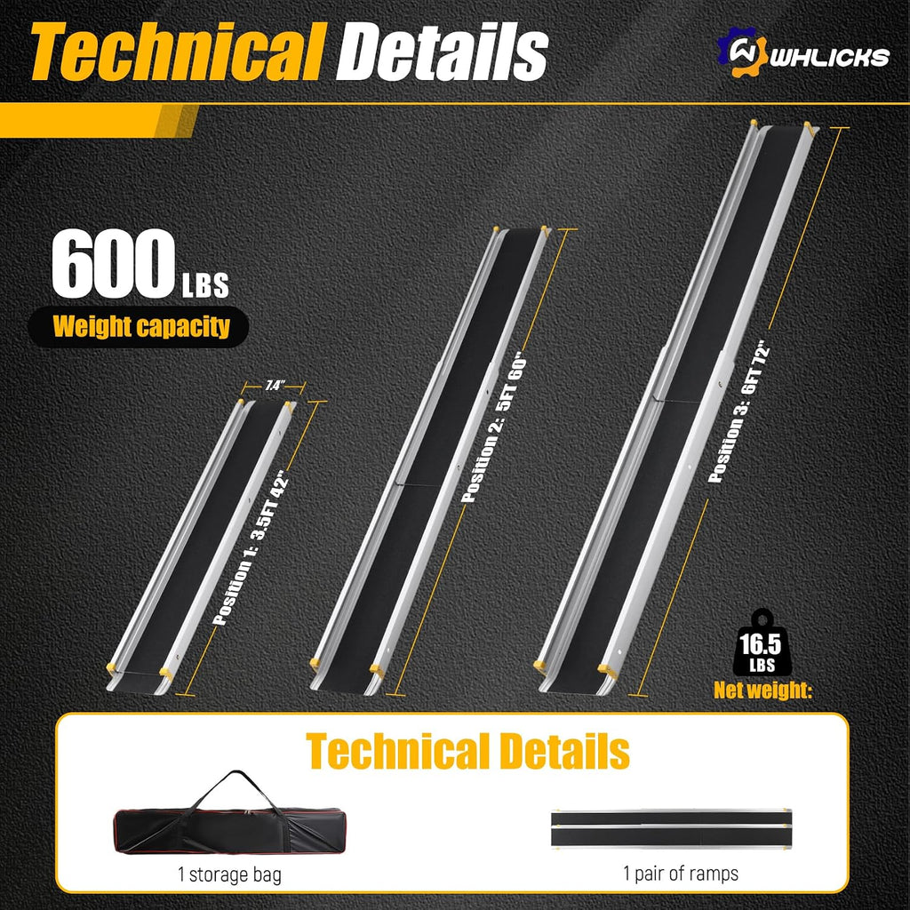 Wheelchair Ramp, Adjustable 3.5-6FT Portable Telescopic Ramps for Home Steps, Threshold, Stairs, Handicap, Doorways,600LBS Capacity with Storage Bag Aluminum Non-Skid(6FT)