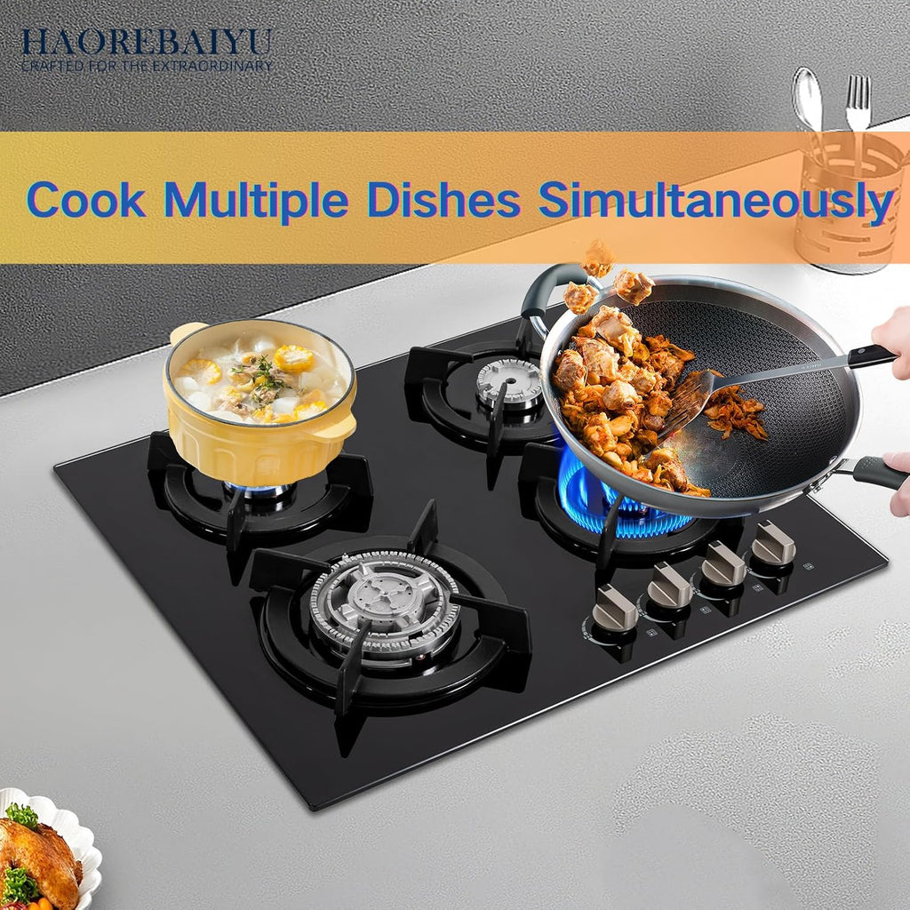 23Inch 4 Burner Built-In Lpg Gas Stovetop,Drop-In Gas Hob with Independent Control Knobs&Backfire Protection,Black Tempered GlassGas Cooktop