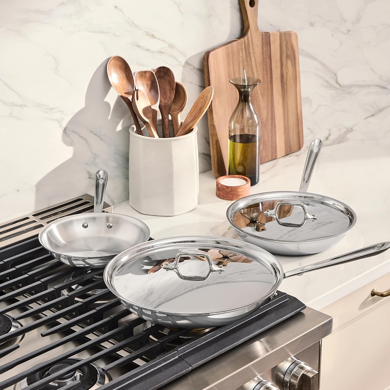 All-Clad D3® Stainless Steel 5 Piece Frypan Set- Made in USA- Includes 8', 10' and 12' Frying Pans With Lid - Professional Grade -Oven Safe & Induction Compatible