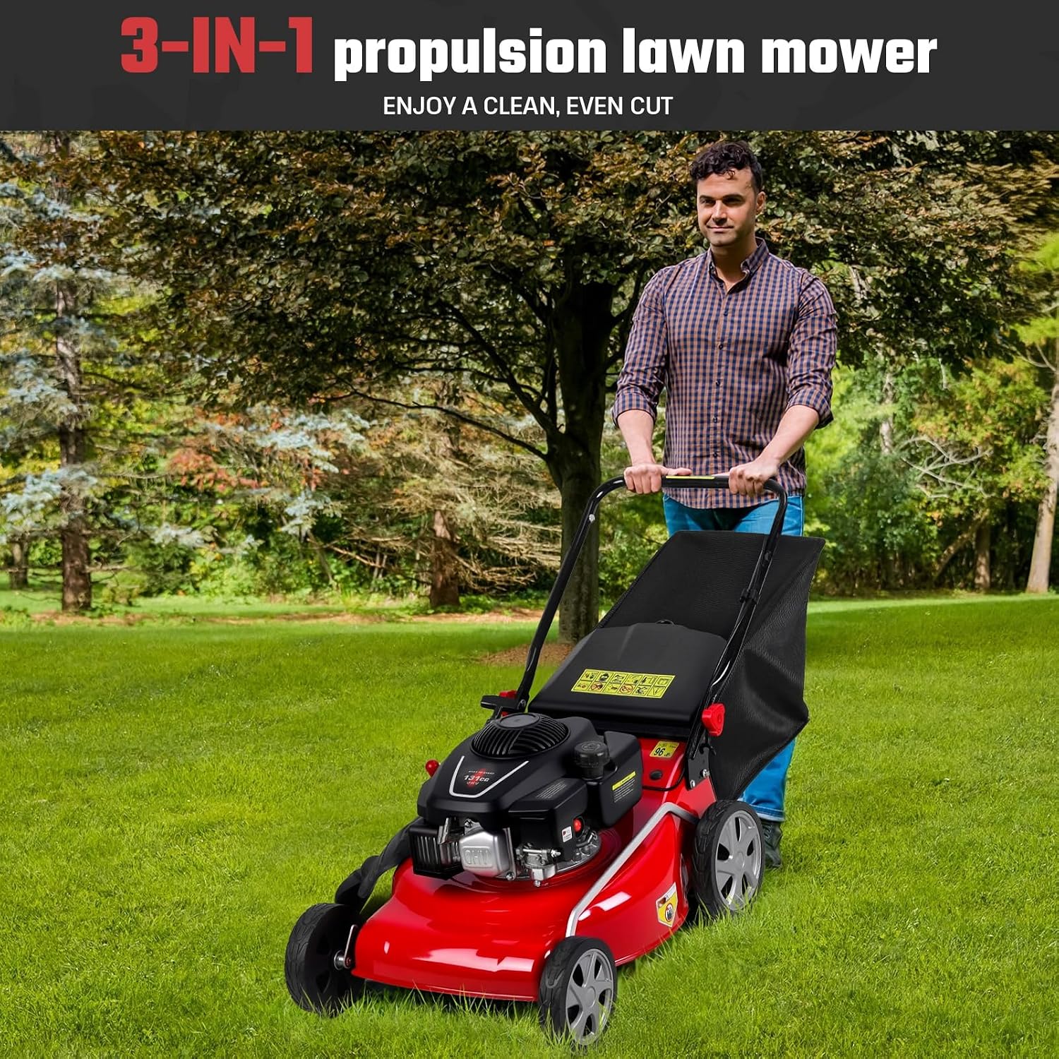 19 Inch Foldable Self Propelled Lawn Mower, 3-in-1 Gas Lawnmower with 131cc 4-Cycle Engine, Bagging, Mulching and Side Discharge, Adjustable 8-Positions Cutting Height, Easy Start Red