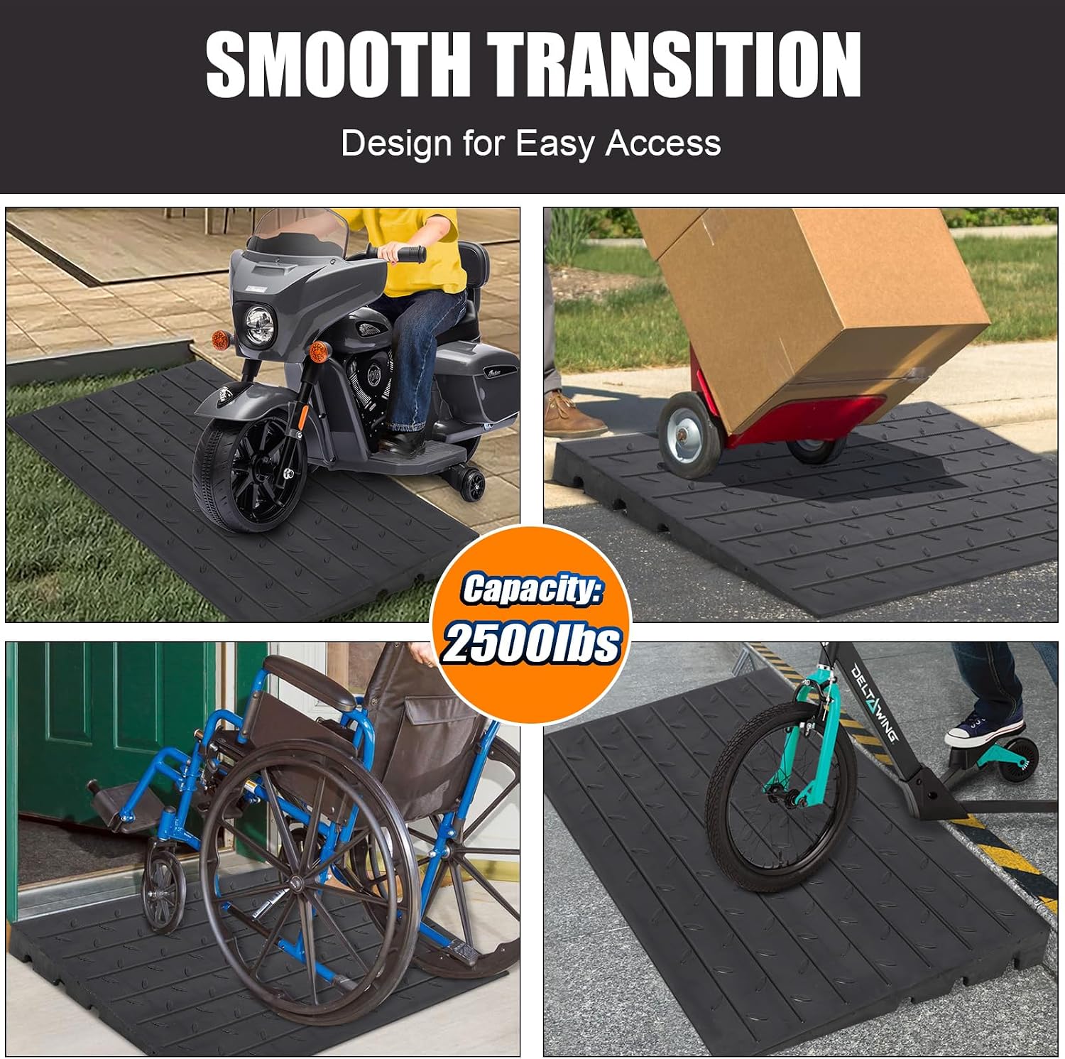 4' Rubber Threshold Ramp, Ramp for Wheelchair, Scooter, Doorway Ramp, Wheelchair Ramp Rubber, Driveway Curb Ramps, Handicap Ramps for Home Entry, Steps, Doorways, Curbs with 3 Channels Cord Cover
