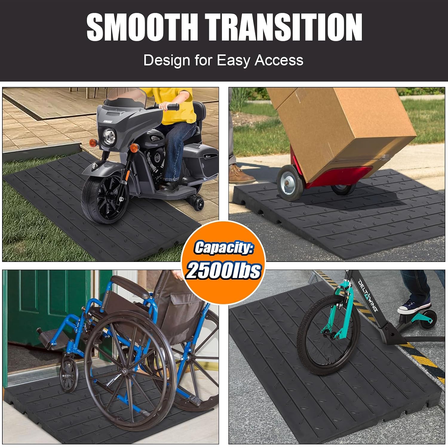 Rubber Threshold Ramp, 4' Ramp for Wheelchair, Scooter, 3 Channels Doorway Ramp, Wheelchair Ramp, Handicap Ramps for Home Entry, Driveway, Curbs, Steps with Slip-Resistant Surface, 2500 Lbs Capacity
