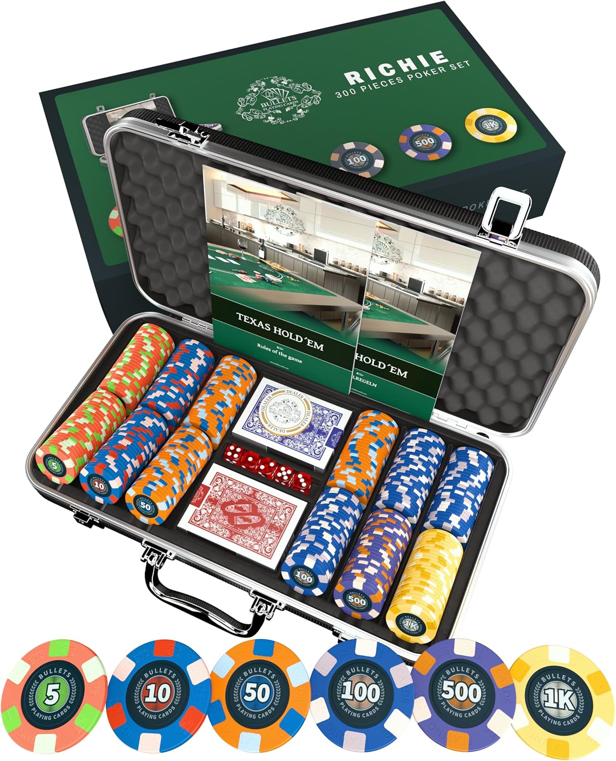 Bullets Playing Cards | Professional Poker Set Richie | 300 Ceramic Poker Chips (10 g) with Premium Carrying Case – Casino Poker Set for Texas Hold'em