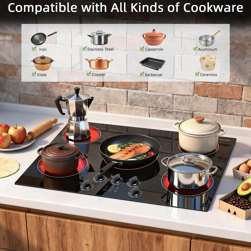 Karinear Electric Cooktop 30 Inch, 5 Burner Radiant Cooktop with Knob & Touch Control, 8500W 240V Built-in Stove Top, 9 Power Levels, Timer, Child Lock, Pause, Residual Heat Indicator(Black Knob)