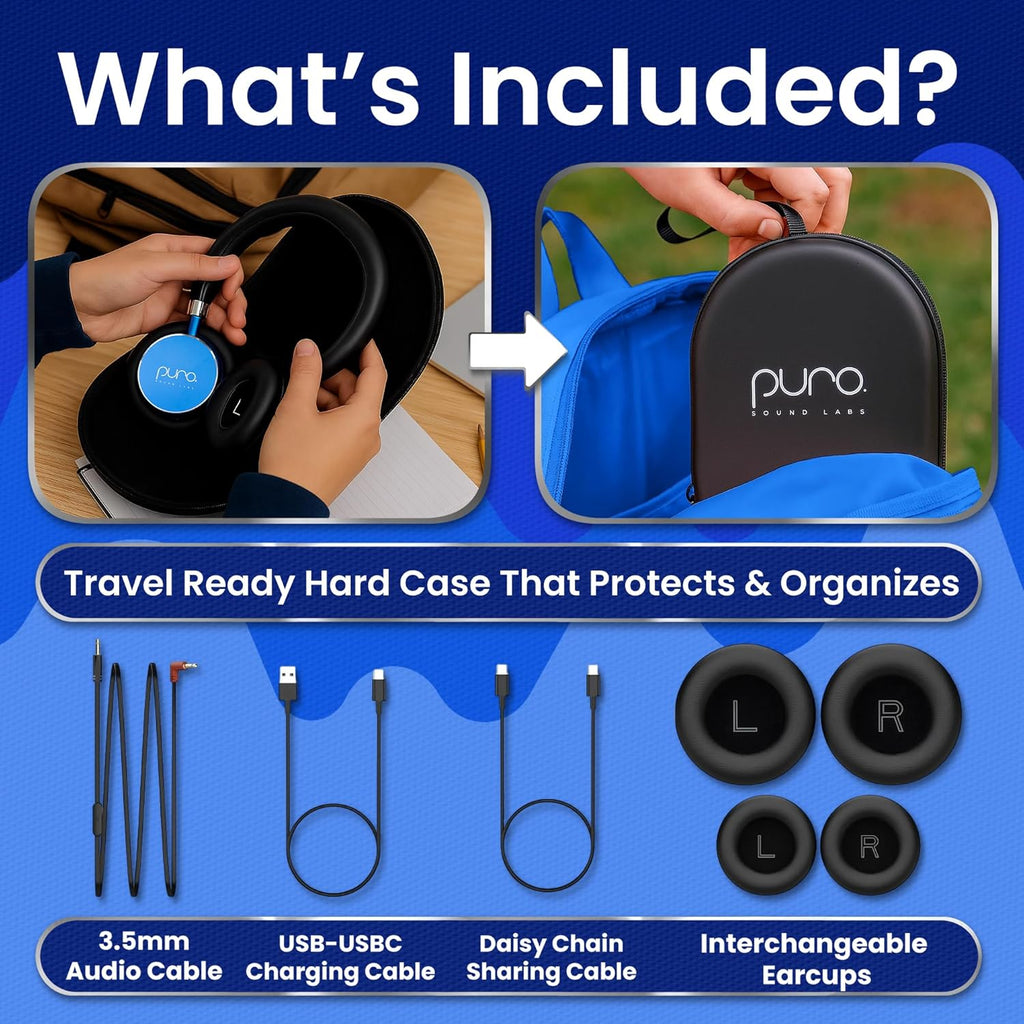Puro Sound Labs BT2200 Plus Volume Limited Headphones for Kids - Bluetooth, Studio-Grade Audio, Over-Ear & Comfy Design, 20-Hour Battery Life, Easy to Connect Wireless Headphones for Kids, Blue & Pink