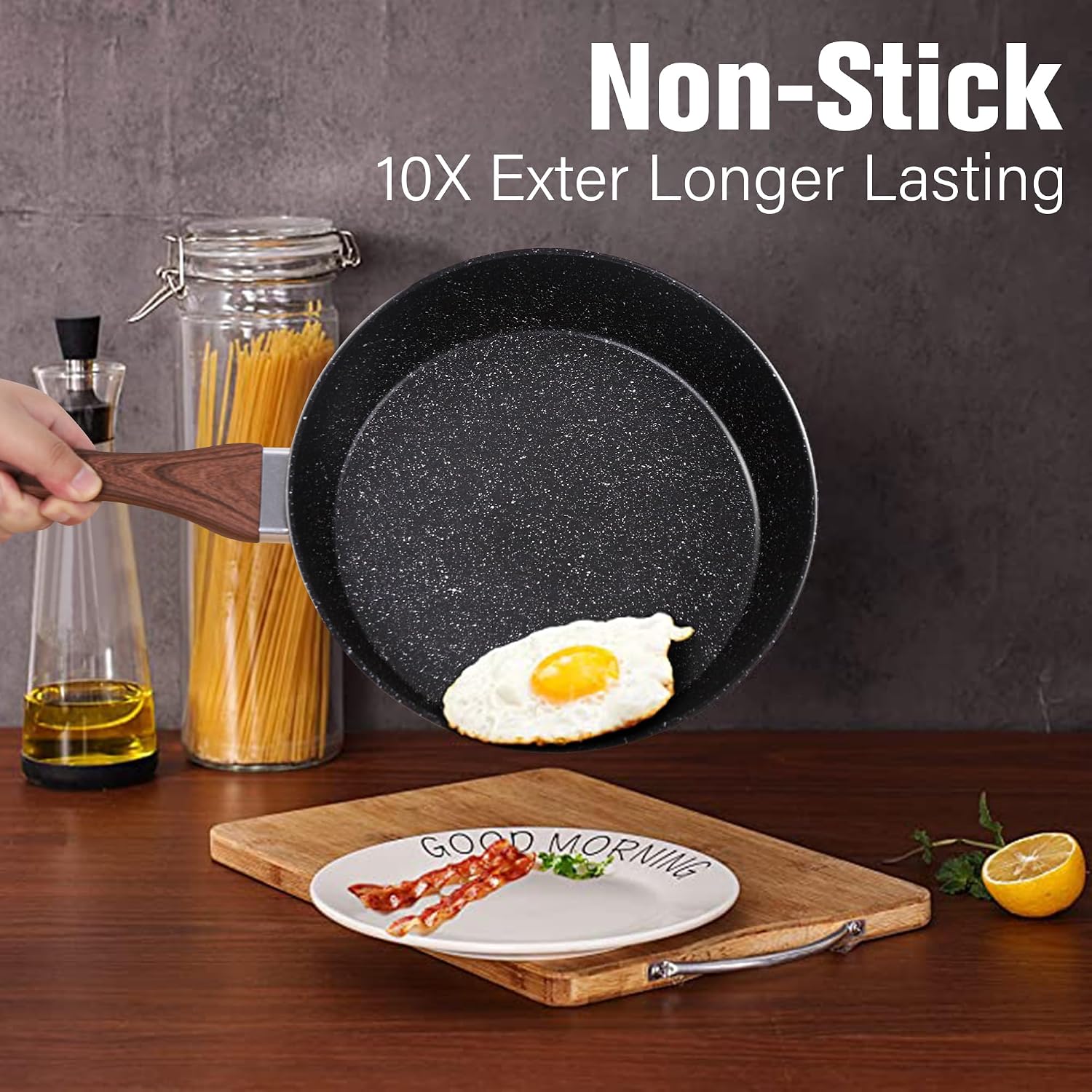 Kitchen Academy Induction Pots and Pans Set Non Stick - 12 Pcs Nonstick Kitchen Cookware Set, Black Hammered Cooking Pans Set