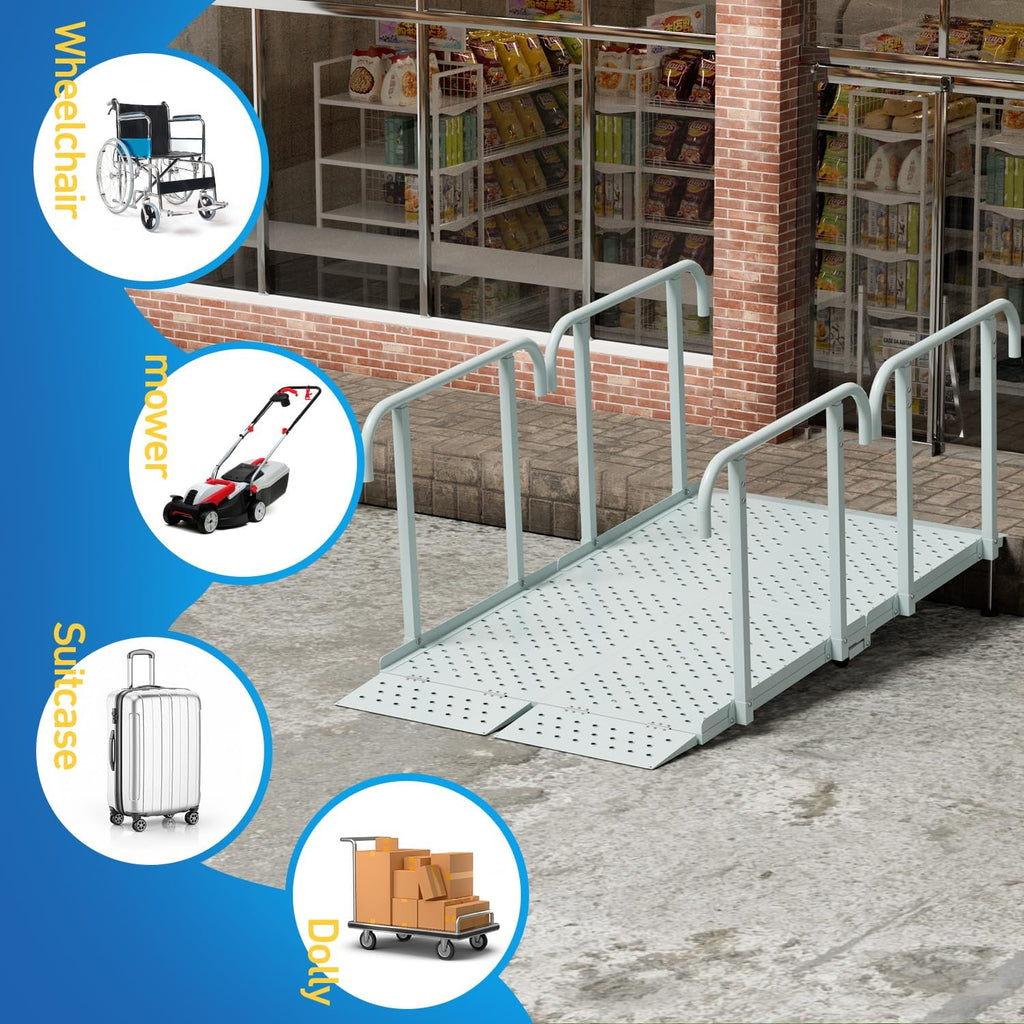 8'L x 36' W Portable Wheelchair Ramp with Handrails, Non-Slip Heavy Duty Handicap Ramp 850lbs Load Capacity, Wheelchair Ramp for Home Steps, Stairs, Doorway