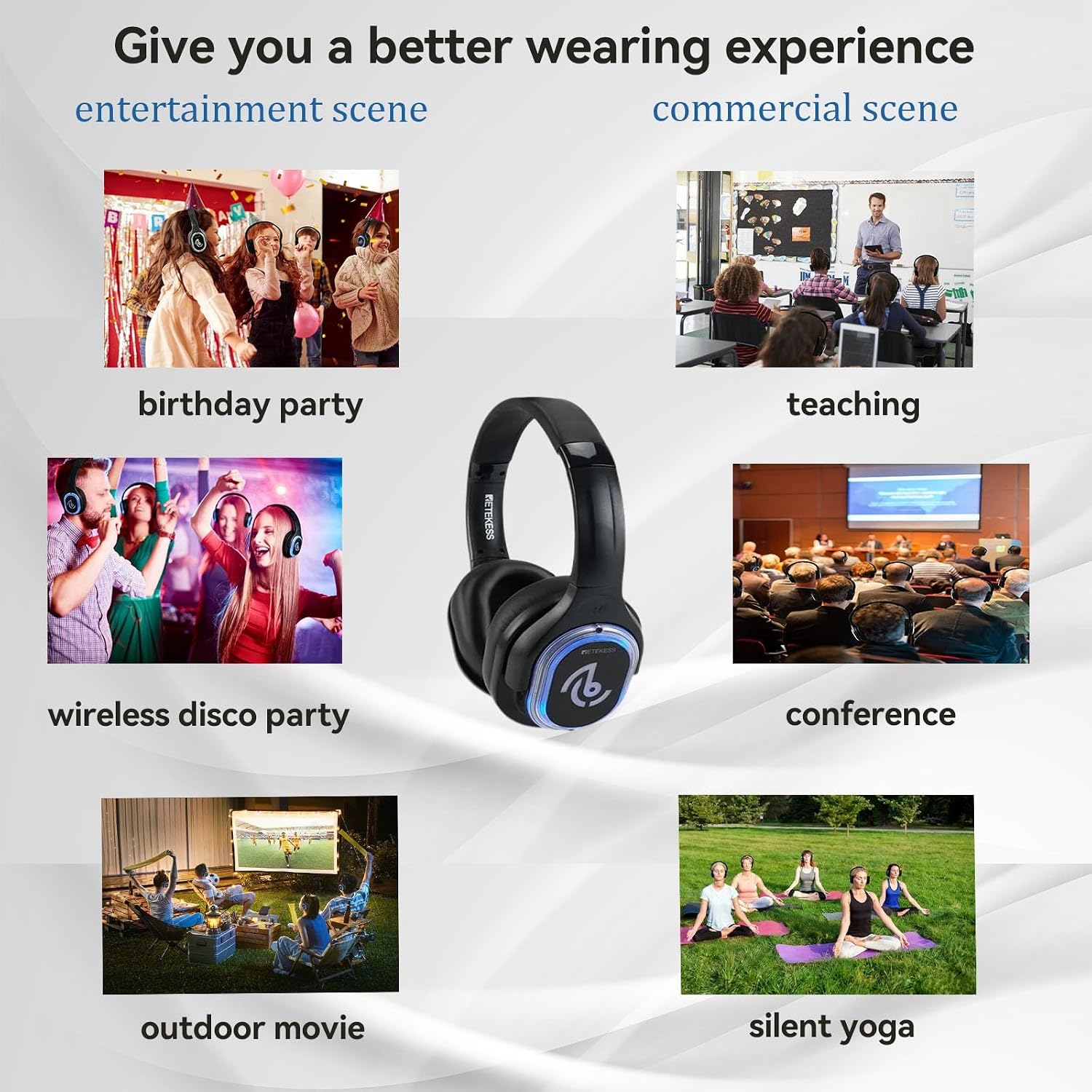 Retekess TA003 Silent Disco Headphone System,Wireless Silent Disco LED Light Headphones, Stereo and HiFi Sound, Silent Party Headphones for Music Events, Bar, Silent Conference (30 Pack)