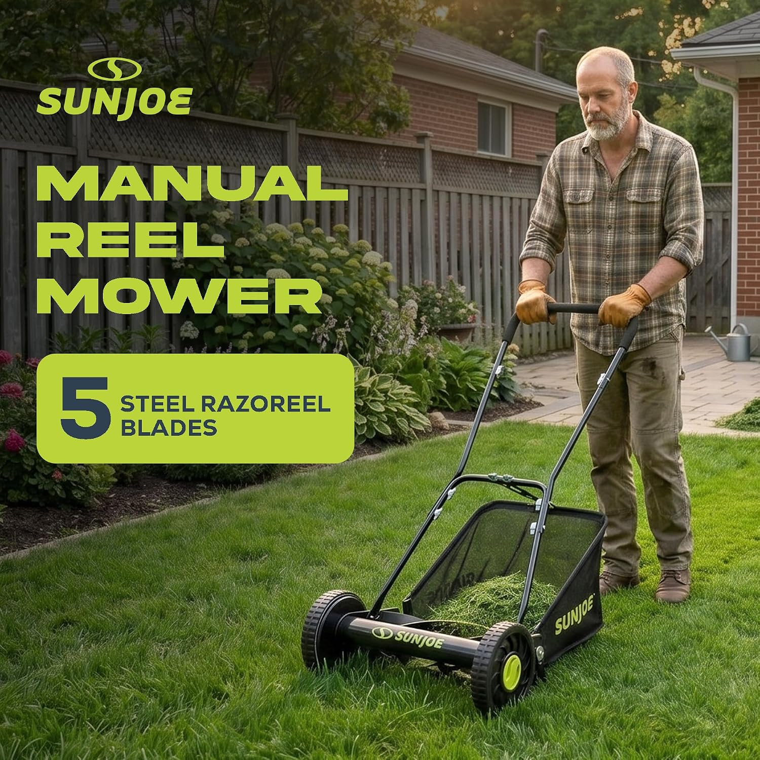 Sun Joe Manual Push Reel Lawn Mower with 6.6-Gal Grass Catcher, 16-Inch Cutting Width - Heavy-Duty Yard Trimmer Machine for Gardening Care and Maintenance, MJ500M