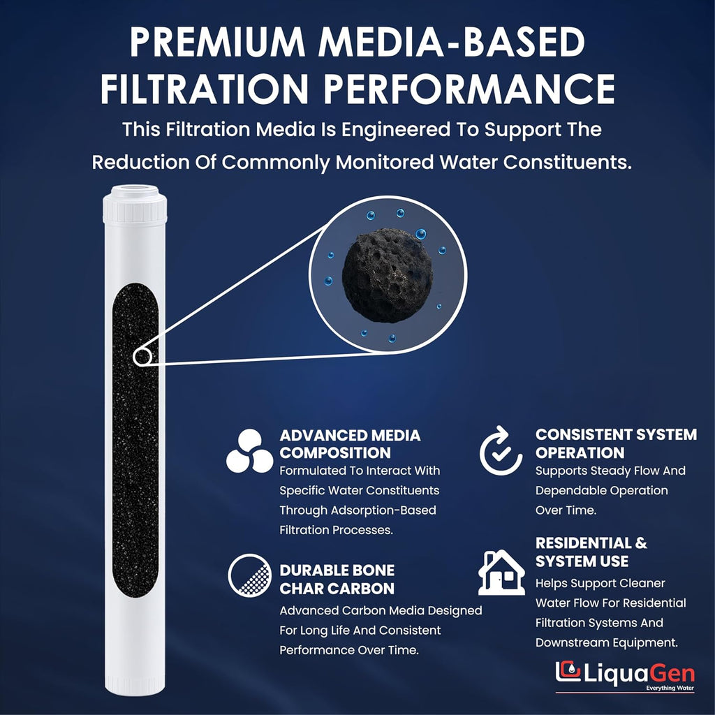 LiquaGen Bone Char Water Filter Replacement Cartridge – Helps Reduce Fluoride – Universal Refillable Filter for Whole House & Drinking Water – 2.5x10, 2.5x20, 4.5x10, 4.5x20 (4, 2.5' x 20')