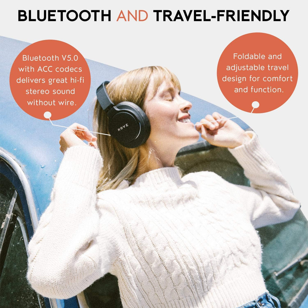 KOVE 101-N Active Noise Cancelling Headphones - Wireless Over-Ear Bluetooth Headphones, 200H Stand-by Time, Hi-Res Audio, Deep Bass, Memory Foam, for Travel, Home and Office - Built-in Microphone