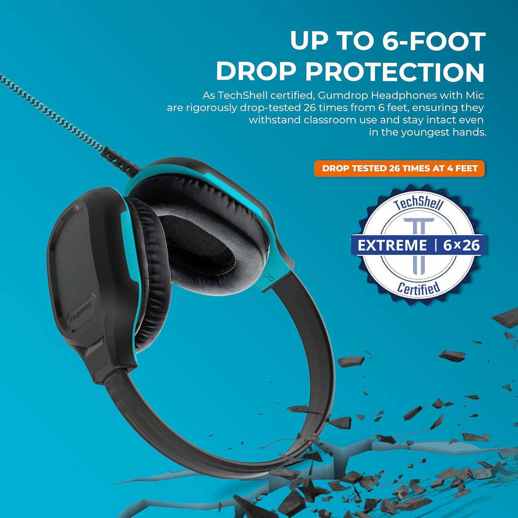 Gumdrop DropTech Wired Headphones w/Mic | 3.5mm (10 Pack) - Long Tangle Free Chew-Proof Cord Rugged Drop Tested and Comfortable for Kids, Students, Classroom and School Use - Black