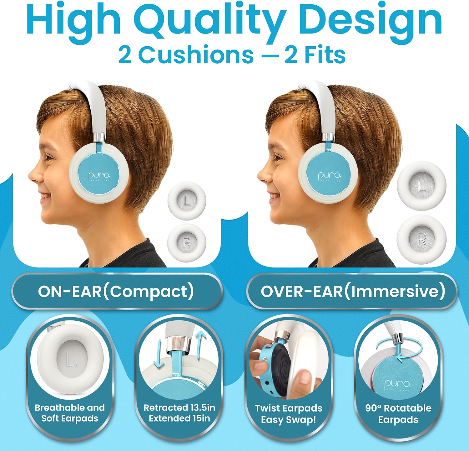 Puro Sound Labs BT2200 Plus Volume Limited Headphones for Kids, Bluetooth, Studio-Grade Audio, Over-Ear & Comfy Design, 20-Hr Battery Life, Easy to Connect Wireless Headphones for Kids, Purple & Teal