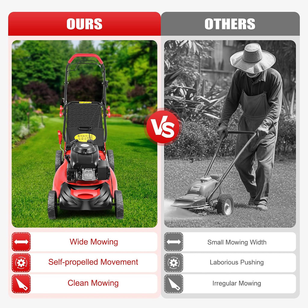 20 Inch Self Propelled Gas Lawn Mower, 140CC 4-Stroke OHV Engine 5HP, 8-Position Height Adjustment 1-3.2in, 15.9Gal Large Grass Catcher Cordless Push Lawn Mowers for Garden Yard