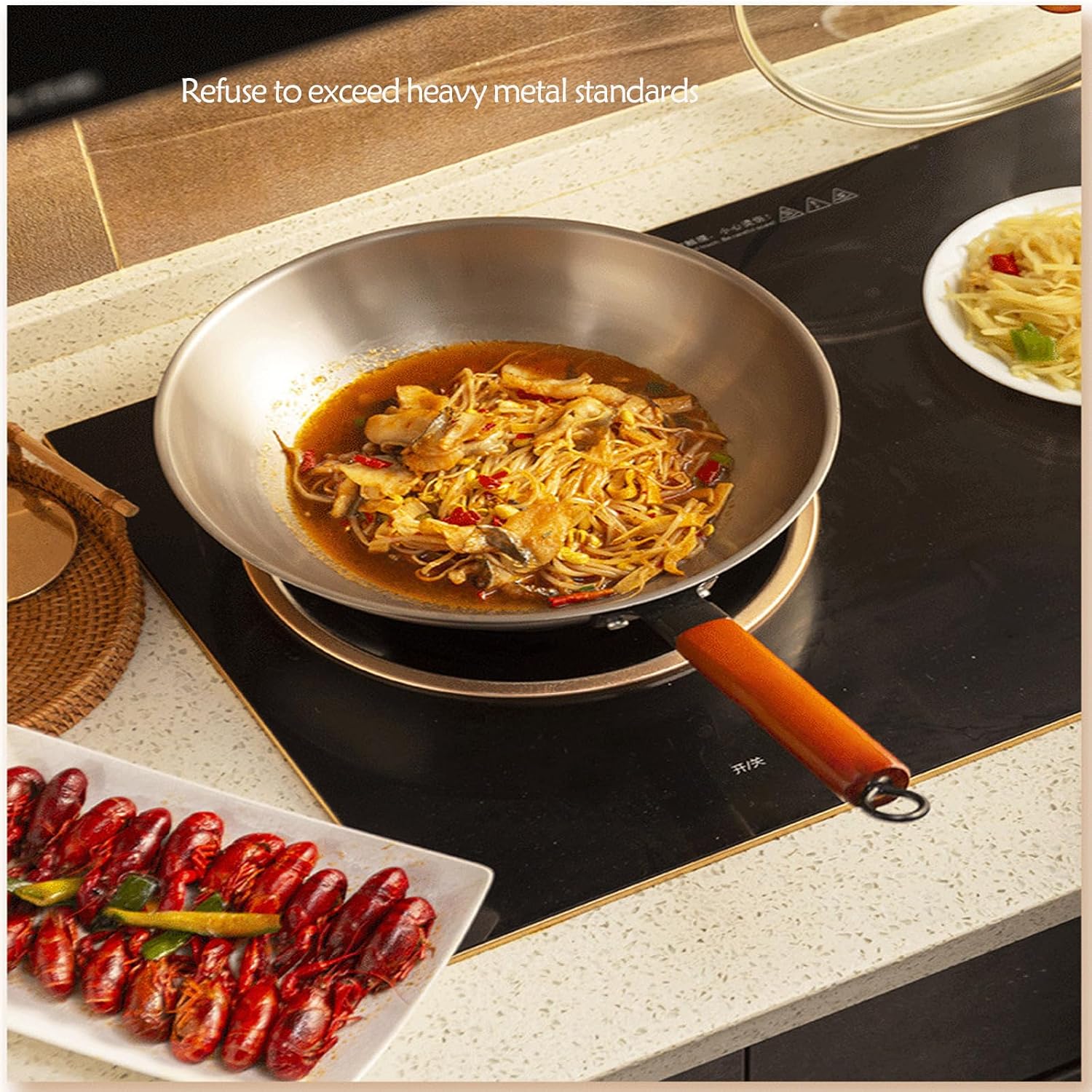 Pure Titanium Wok Titanium Wok Uncoated Flat Bottom Non-Stick Pan,Woks & Stir Fry Pans with Stay-Cool Handle,Flat Bottom Wok Suits for Induction, Electric, All Stoves,