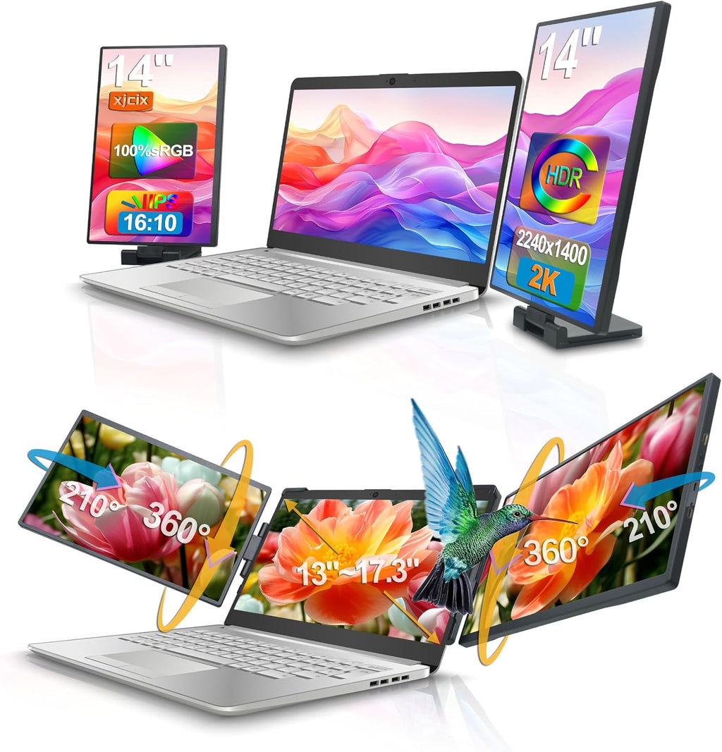 14.1-inch 2K Portable Triple Laptop Monitor Extender (with USB Docking Station) 2240x1400 QHD IPS Foldable Plug and Play Travel Home Office External Screen Compatible with HDMI,USB-A and USB-C