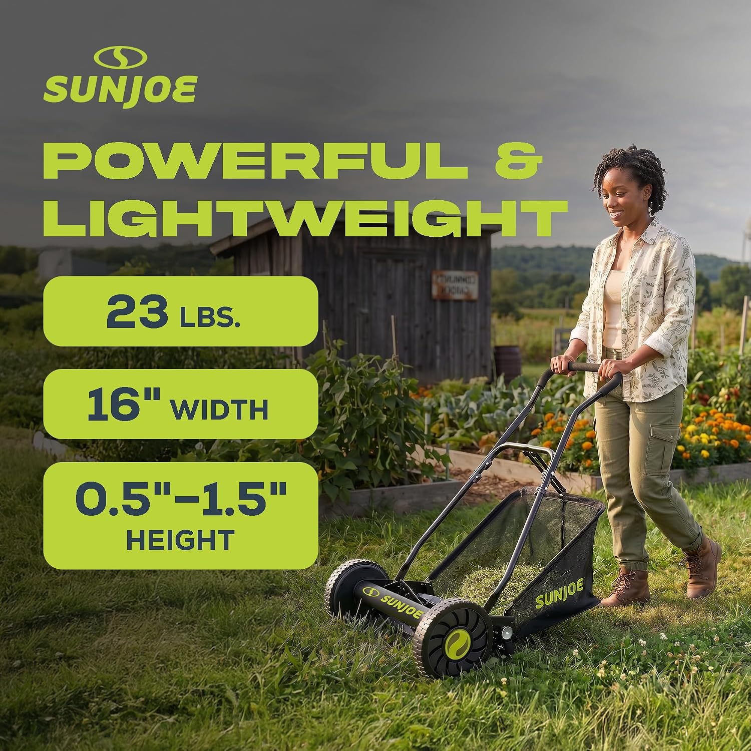 Sun Joe Manual Push Reel Lawn Mower with 6.6-Gal Grass Catcher, 16-Inch Cutting Width - Heavy-Duty Yard Trimmer Machine for Gardening Care and Maintenance, MJ500M