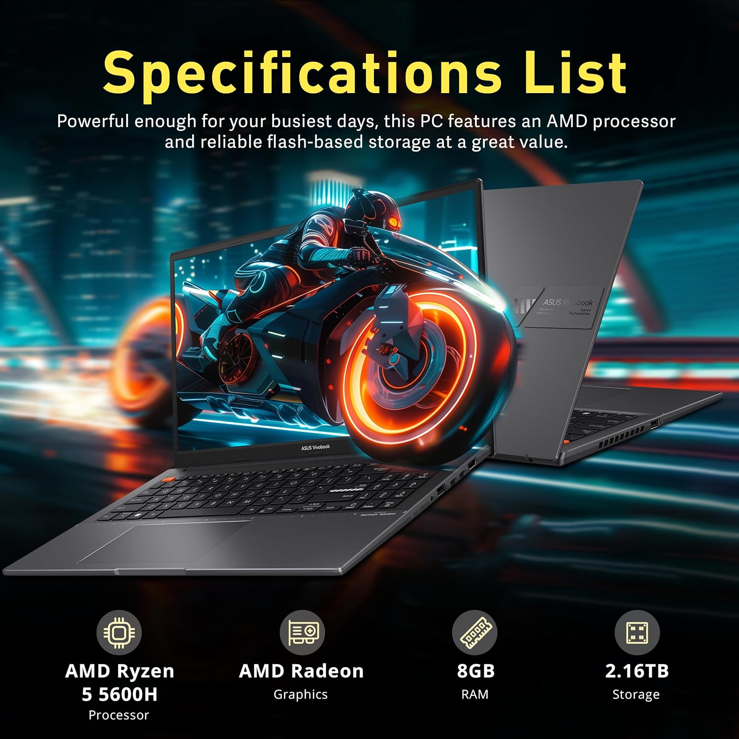 ASUS VivoBook S15 Slim Laptop, 15.6' FHD Display, Ryzen 5-5600H, 8GB RAM, 2.16TB Storage(2TB SSD +160GB Docking Station), AMD Radeon Graphics, Backlit Keyboard, Fingerprint, WiFi 6, Win 11 Pro, Black