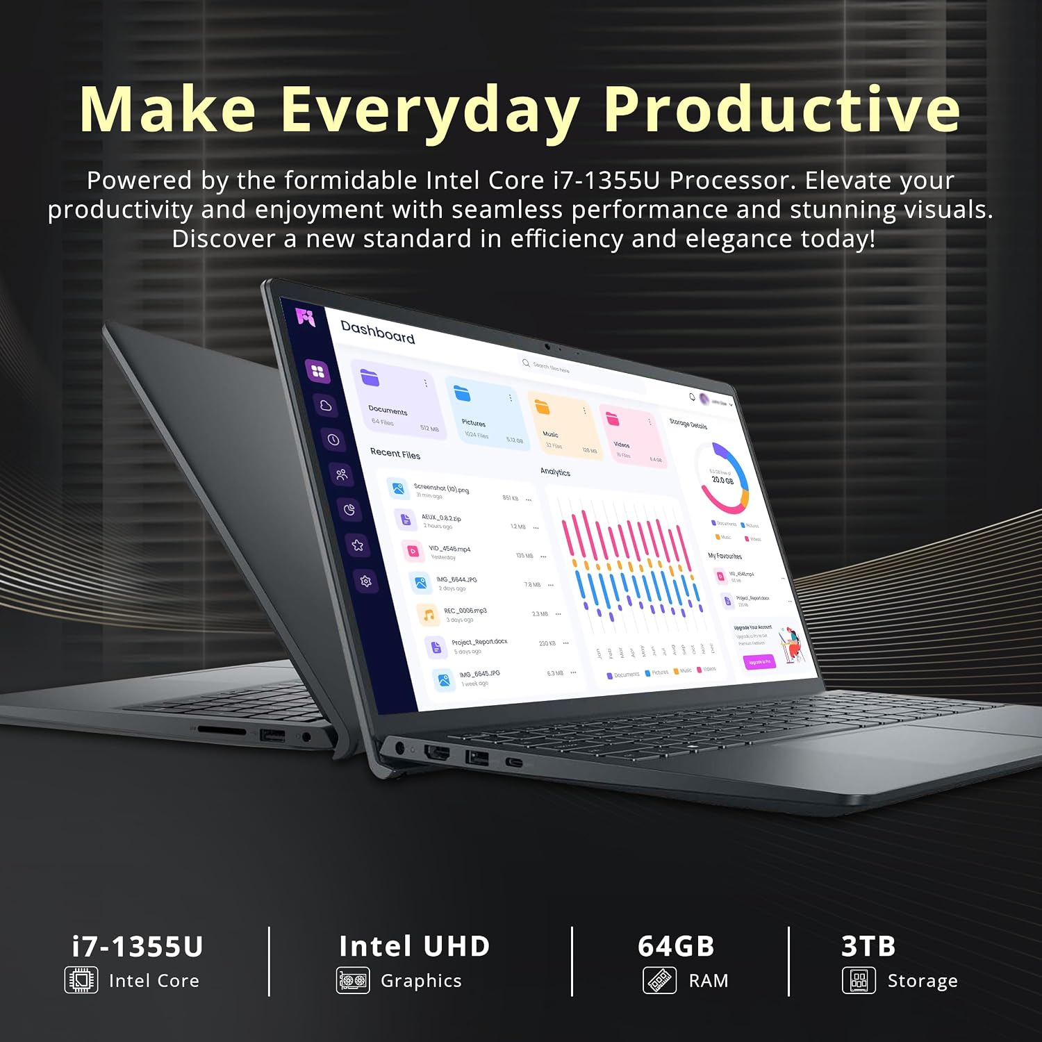 Dell Inspiron 15.6' FHD Touchscreen Laptop, Intel i7-1355U, 64GB RAM, 3TB Storage (2TB SSD+1TB Docking Station Set), Intel UHD Graphics, Numeric Keypad, 720p Webcam, Wi-Fi 6, Win 11 Pro, Black