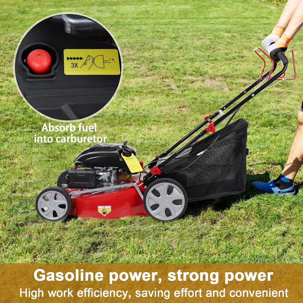 3 in 1 Self-Propelled Gas Lawn Mower with 141cc Engine,20 Inch Cutting Deck&50L Grass Bag-Push Walk-Behind Mower with Big Wheels,8-Level Height Adjustment,and Foldable Design for Effortless Lawn Care