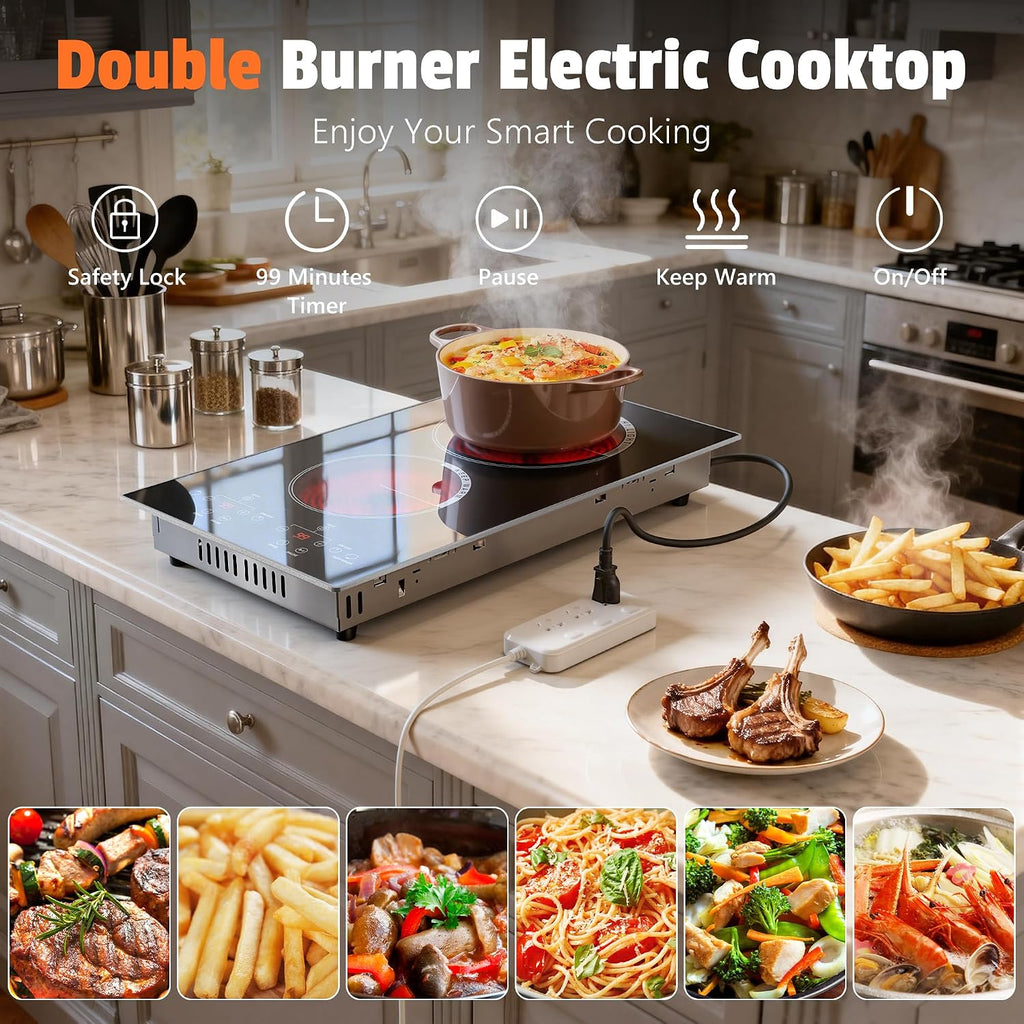 2 Burner Electric Cooktop - 110v Countertop and Built-in Electric Stove 2000W, 12 Inch Ceramic Stove with Residual Heat Indicator, Over-Temperature Protection, Knob Control, 110-120V Plug in