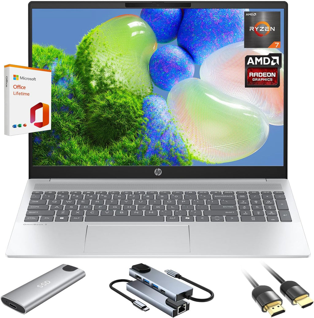 HP Omnibook 5 AI Laptop,16' 2K (1920 x 1200) Laptop PC,Next Gen AI PC AMD Ryzen AI 7 350(NPU 50 Tops),16GB RAM,512GB SSD Laptops for Business, College, School, Photo Editing,Lifetime Office,Win 11