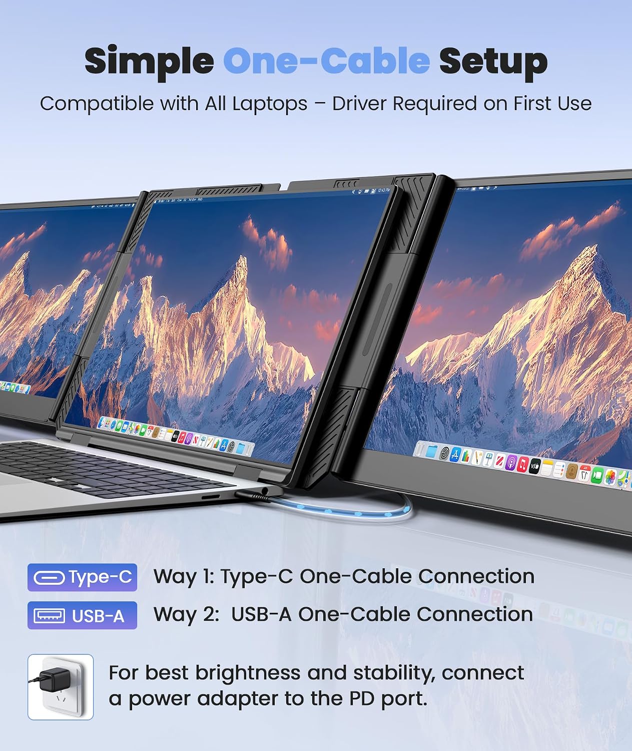 One Cable Laptop Screen Extender, 15.6' Ultra-Slim Triple Portable Monitor, 1080P FHD IPS Display, USB-C/USB-A Connection, Travel Monitor for 13–17.3' Laptops, MacOS/Windows/Android