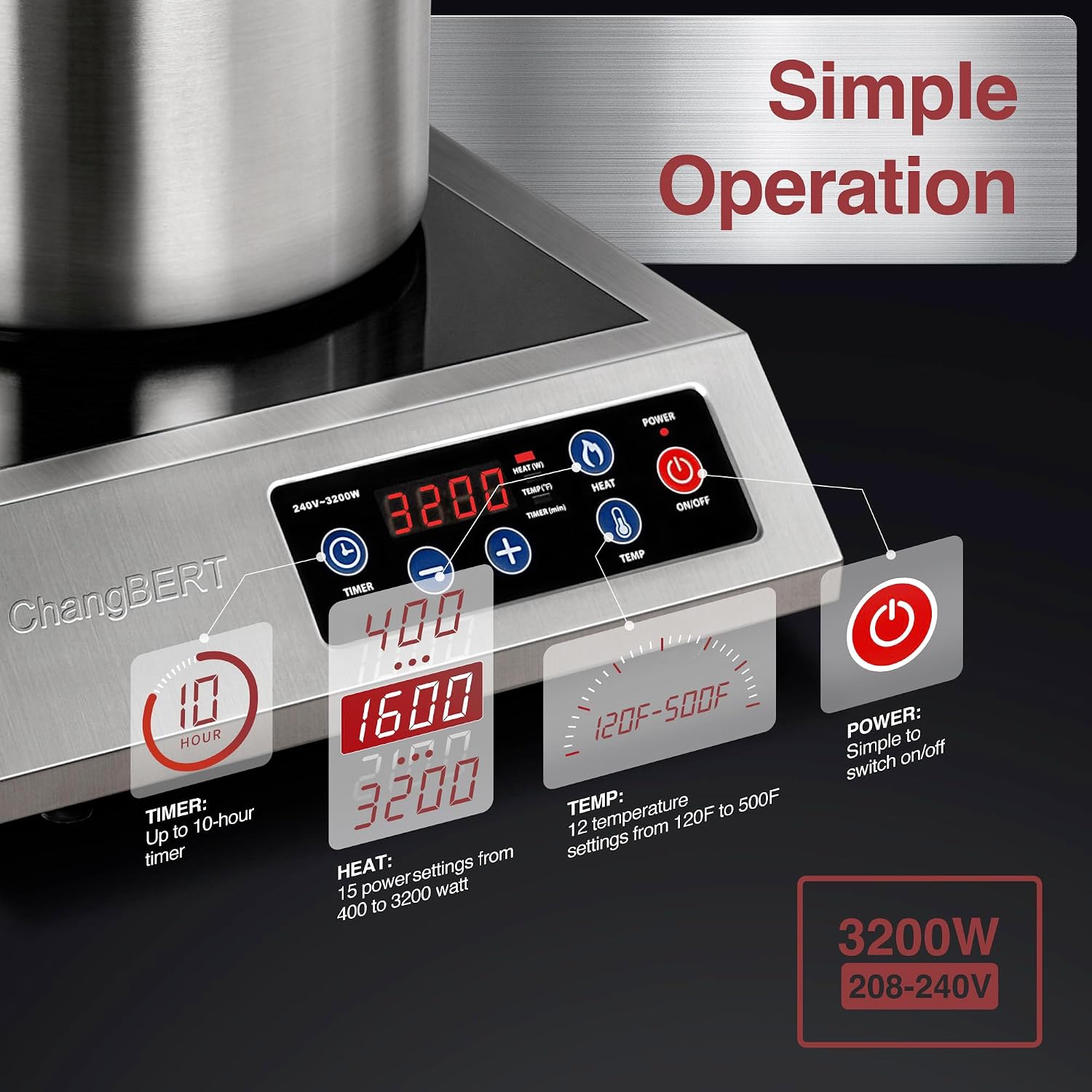 ChangBERT Induction Cooktop Commercial 1800W & Induction Cooktop 208-240V 3200W NSF Certified Commercial Grade Burner Pro Chef Professional Range High Power 18/10 Stainless Steel Housing Schott Glass