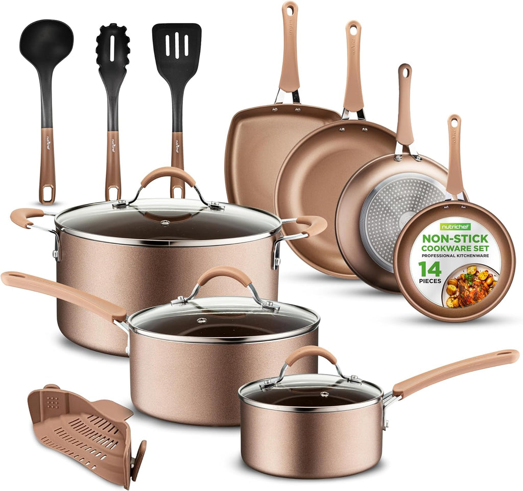 NutriChef 14-Piece Pots and Pans Set Non Stick – Induction Cookware Set, PFAS-Free Nonstick Cookware for All Cooktops, Includes Kitchen Utensils