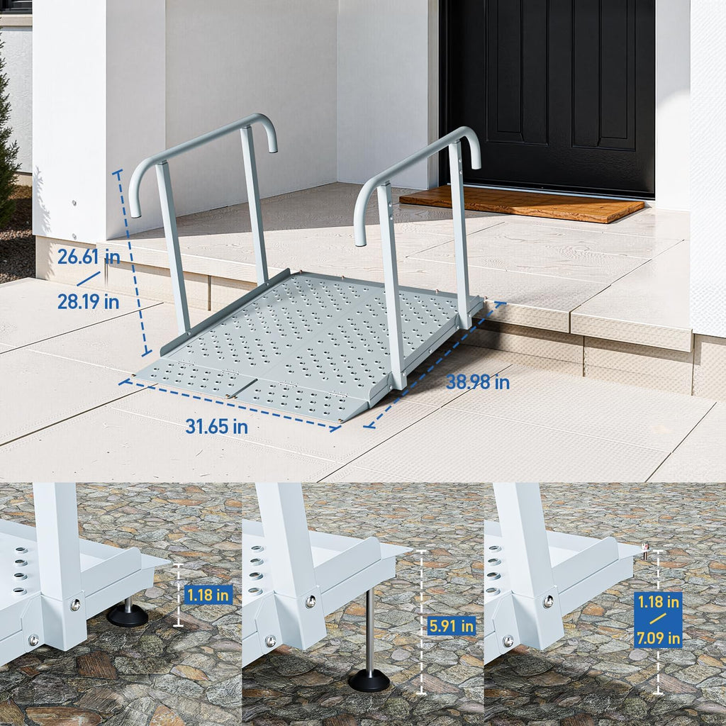 Portable Wheelchair Ramp with Handrails, Non-Slip Iron Handicap Ramp 440lbs Load Capacity, 39-inch Length Wheelchair Ramp for Home Steps, Stairs, Doorways and Curbs