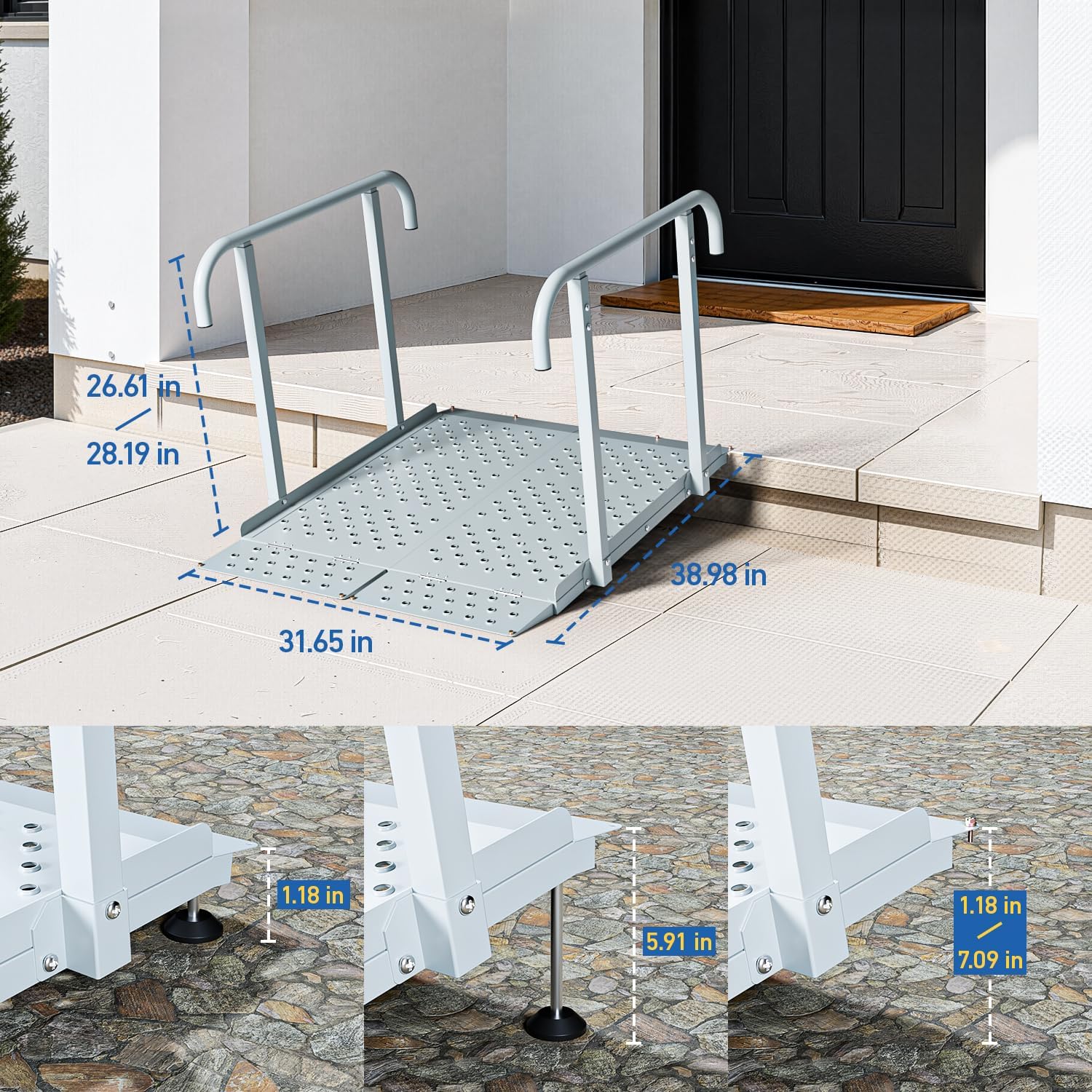 Portable Wheelchair Ramp with Handrails, Non-Slip Iron Handicap Ramp 440lbs Load Capacity, 39-inch Length Wheelchair Ramp for Home Steps, Stairs, Doorways and Curbs