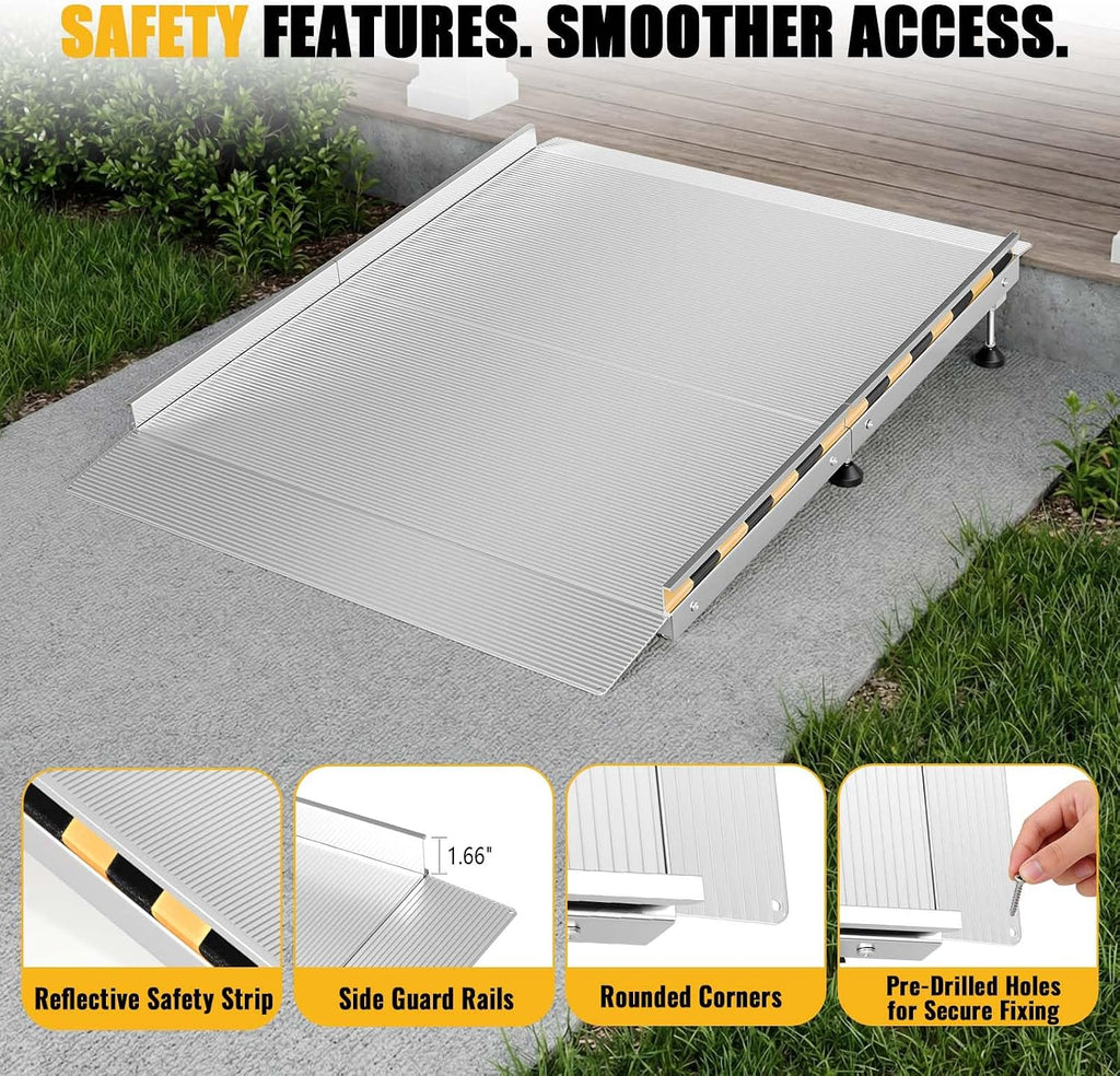 Aluminum Wheelchair Ramp for Doorways and Home Steps, 60' x 36', Adjustable for 3.3' to 9.2' Rise, 1000 lb Capacity, Non-Slip Surface, Foldable Design, for Single-Step Curb Entryways