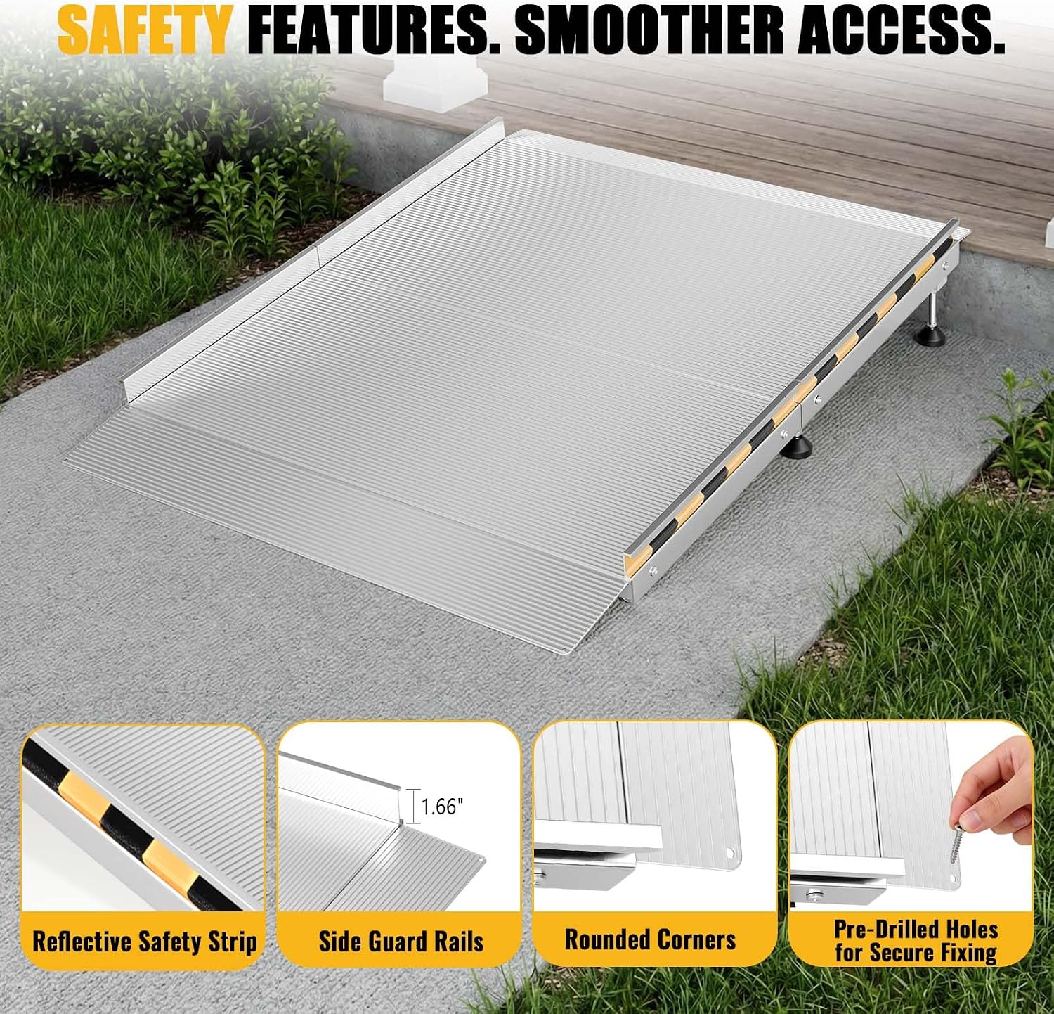 Aluminum Wheelchair Ramp for Doorways and Home Steps, 60' x 36', Adjustable for 3.3' to 9.2' Rise, 1000 lb Capacity, Non-Slip Surface, Foldable Design, for Single-Step Curb Entryways