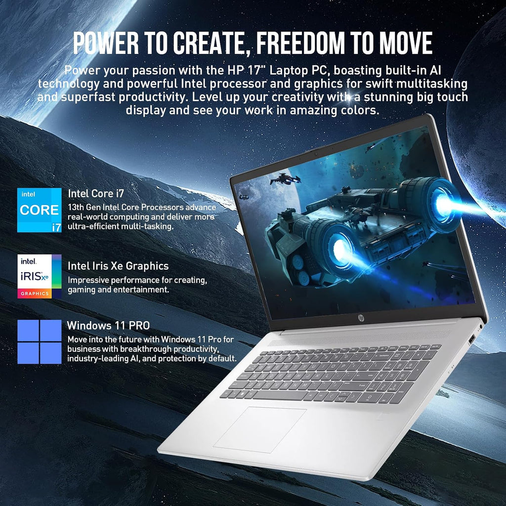 HP 17 Inch Laptop Touchscreen Computer, 17.3' HD+ Touch Screen Business Laptop PC, Intel Core i7, 64GB RAM 1TB SSD, Windows 11 Pro, Backlit 10-Key Fingerprint