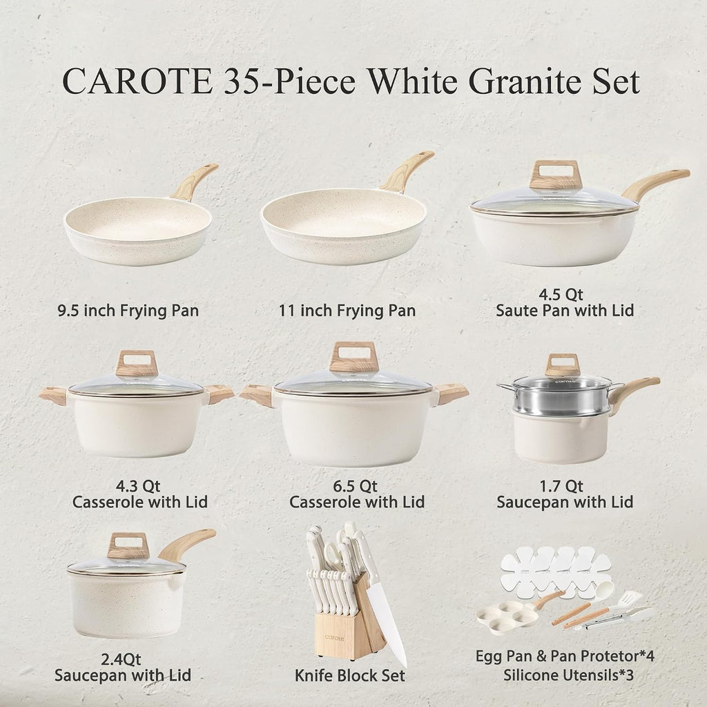 CAROTE ICE 35pcs Pots and Pans Set, Nonstick Cookware Sets, White Granite Induction Cookware with Kitchen Knife Set