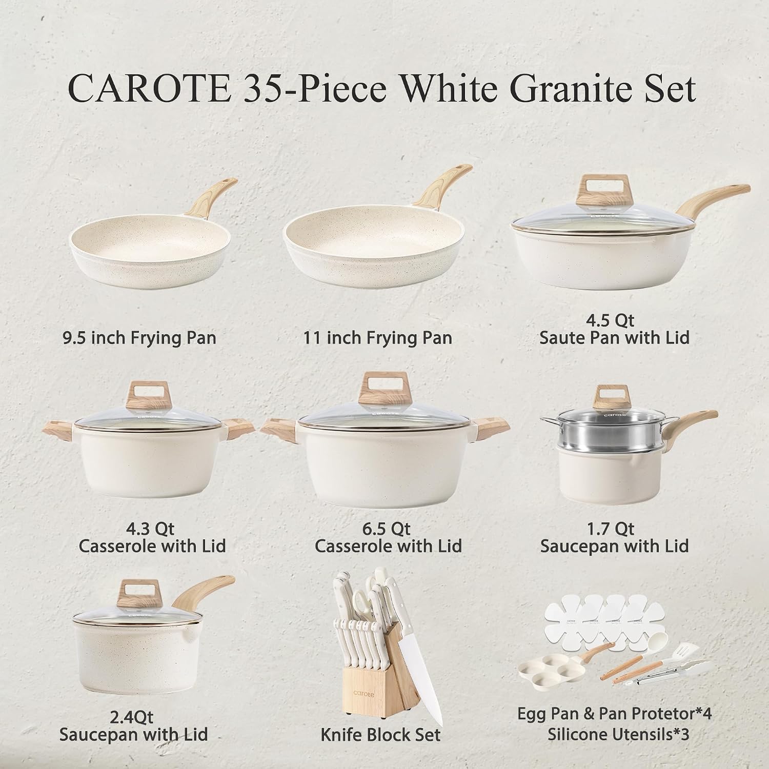 CAROTE ICE 35pcs Pots and Pans Set, Nonstick Cookware Sets, White Granite Induction Cookware with Kitchen Knife Set