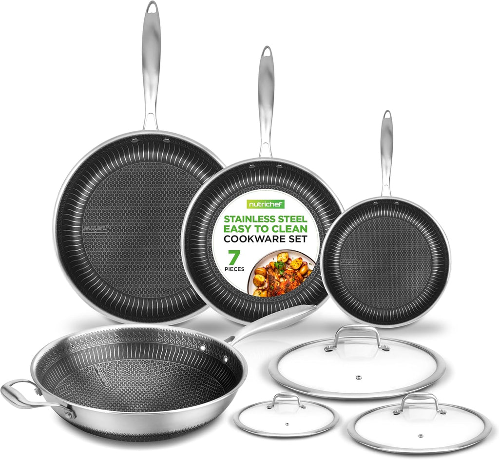 NutriChef 7-Piece Cookware Set Stainless Steel - Triply Kitchenware Pans Set Kitchen Cookware w/DAKIN Etching Non-Stick Coating - Small, Medium, & Large Stir Fry Pan with Lid, Wok - NC3PLY7S