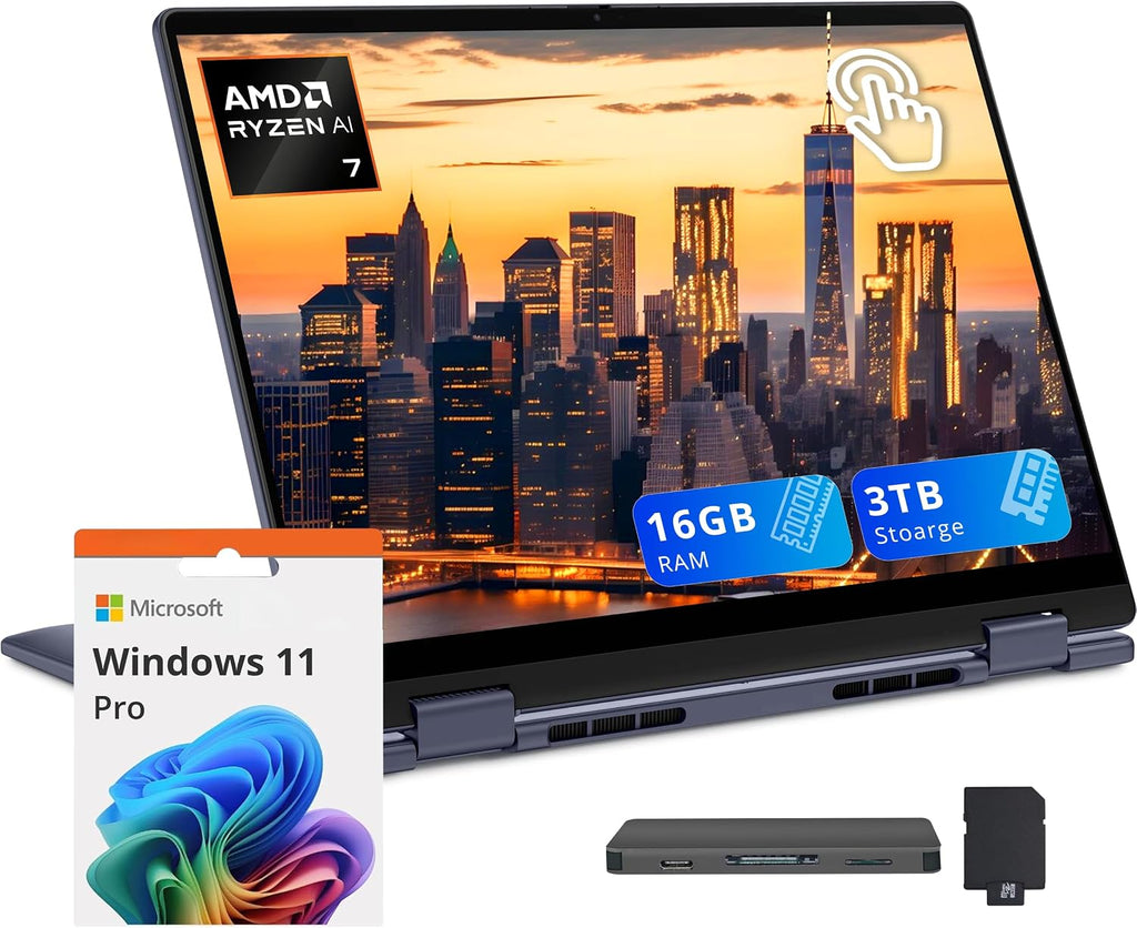 Dell 14' 2K 2-in-1 Touchscreen Laptop, AMD Ryzen AI 7 350, 16GB RAM, 3TB Storage (2TB SSD+1TB Docking Station Set), AMD Radeon 860M, Copilot, Backlit Keyboard, Fingerprint Reader, Win 11 Pro, Blue