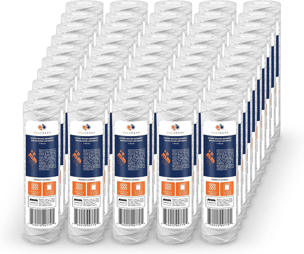 Aquaboon Whole House 1 Micron String Wound Water Filter 10 x 2.5 Cartridge for Well Water Filter Replacement Compatible with WHKF-WHSW, AP110, 50-Pack