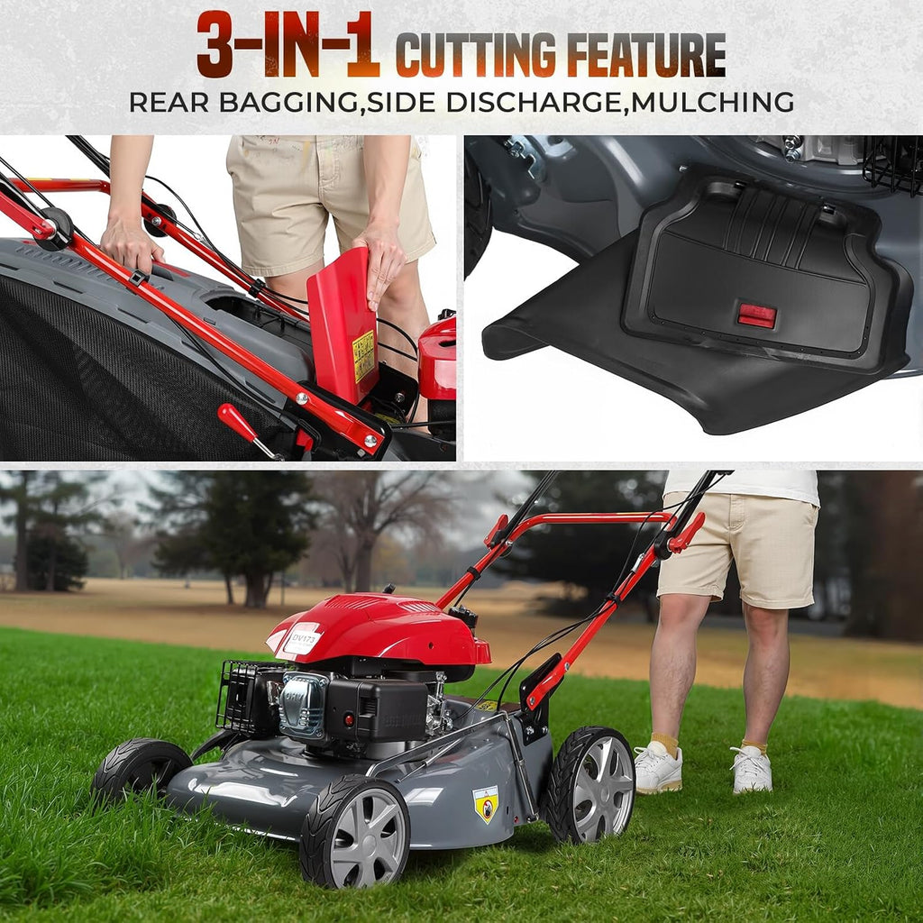 19 Inch Foldable Self Propelled Lawn Mower, 3-in-1 Gas Lawnmower with 131cc 4-Cycle Engine, Bagging, Mulching and Side Discharge, Adjustable 8-Positions Cutting Height, Easy Start Red