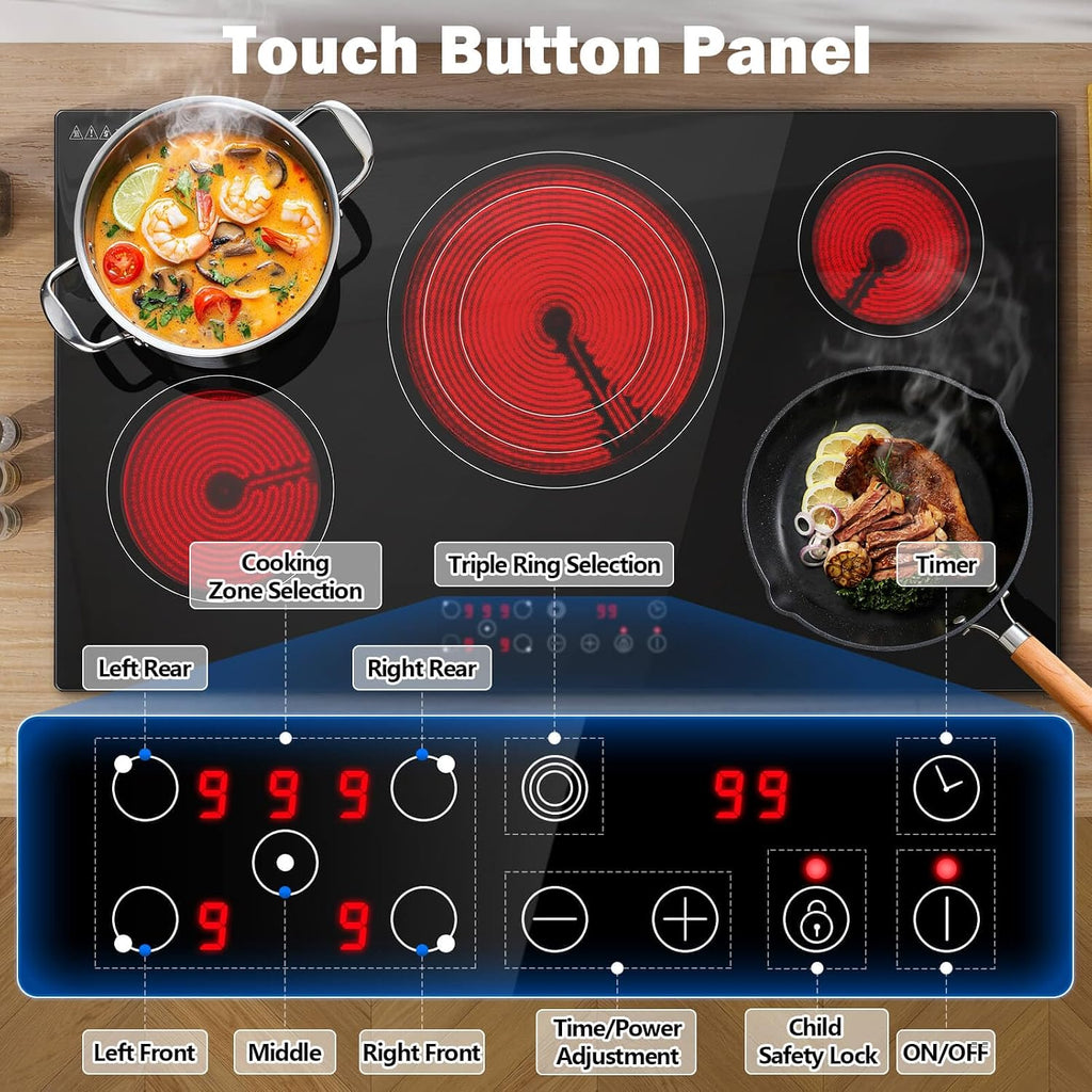 SNDOAS 36 inch Electric Cooktop,5 Burners 9000W Built-in Glass Ceramic Electric Stove Top w/Touch Control,9 Power Levels,Child Lock,Triple-Ring Zone,240V Hardwired for Kitchen Countertop 36'