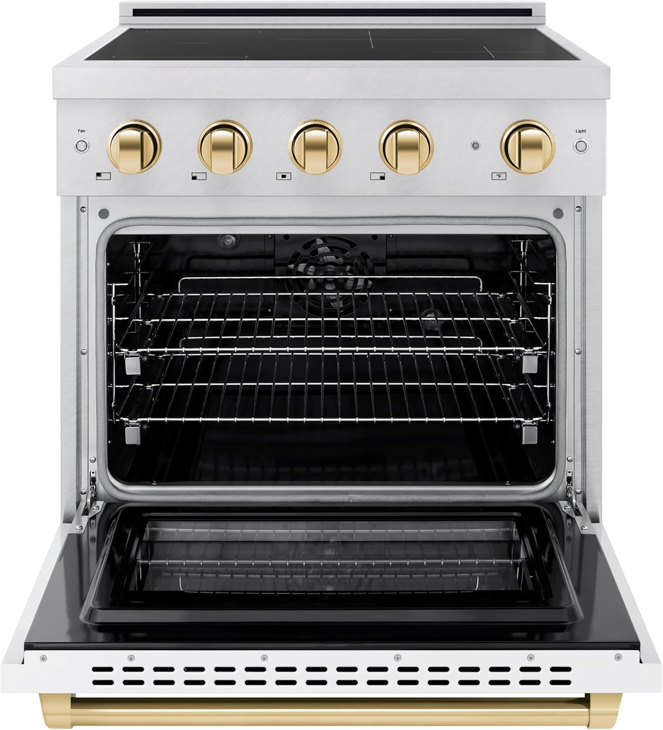 ZLINE Autograph Edition 30 in. 4.2 cu. ft. Paramount Induction Range with 4 Element Cooktop and Electric Convection Oven in Satin Stainless Steel with White Matte Door and Polished Gold Accents