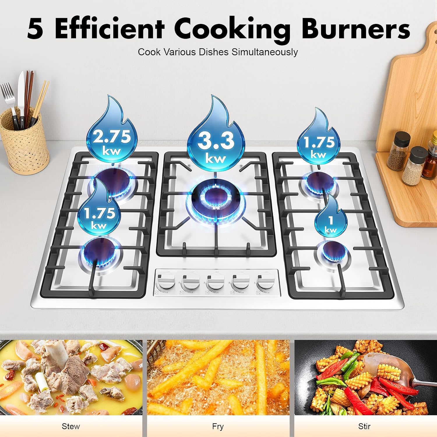 34 inch Gas Cooktop, Stainless Steel Built-in 5 Burners Stovetop, LPG/NG Dual Fuel Auto Ignition Gas Hob, Propane Stove Top with Thermocouple Protection for Apartments Indoor