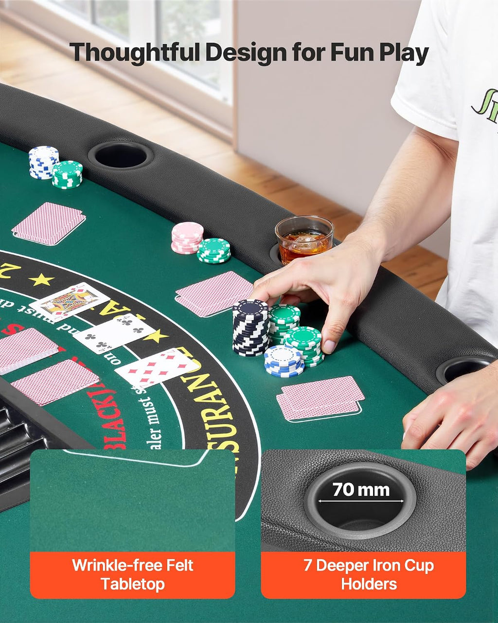 VEVOR Foldable Poker Table, 7 Player 72 in Folding Casino Leisure Table with Padded Rails & Cup Holders, Semi-Oval Portable Game Tables with Felt & Metal Legs, for Texas Hold'em Game and Blackjack