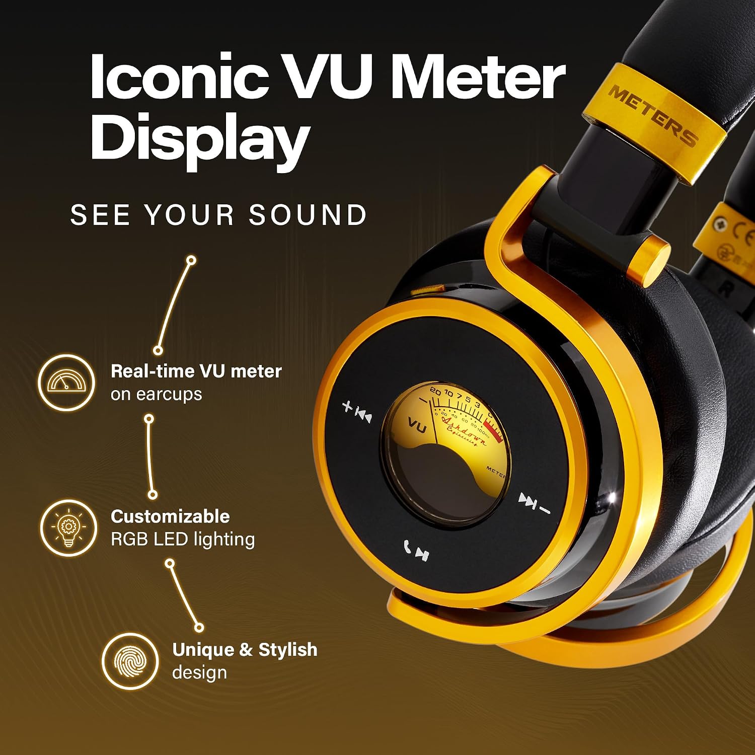 Meters OV-1-B-C Over-Ear Wireless Headphones with Active Noise Cancellation - Studio-Quality Sound with 16-Hour Playback & VU Display - Bluetooth 5.0, App-Controlled, 40mm Drivers (Jamaica)